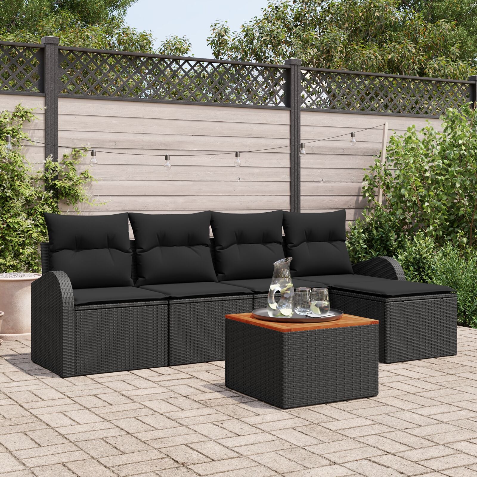 6 Piece Garden Sofa Set with Cushions Black Poly Rattan Acacia