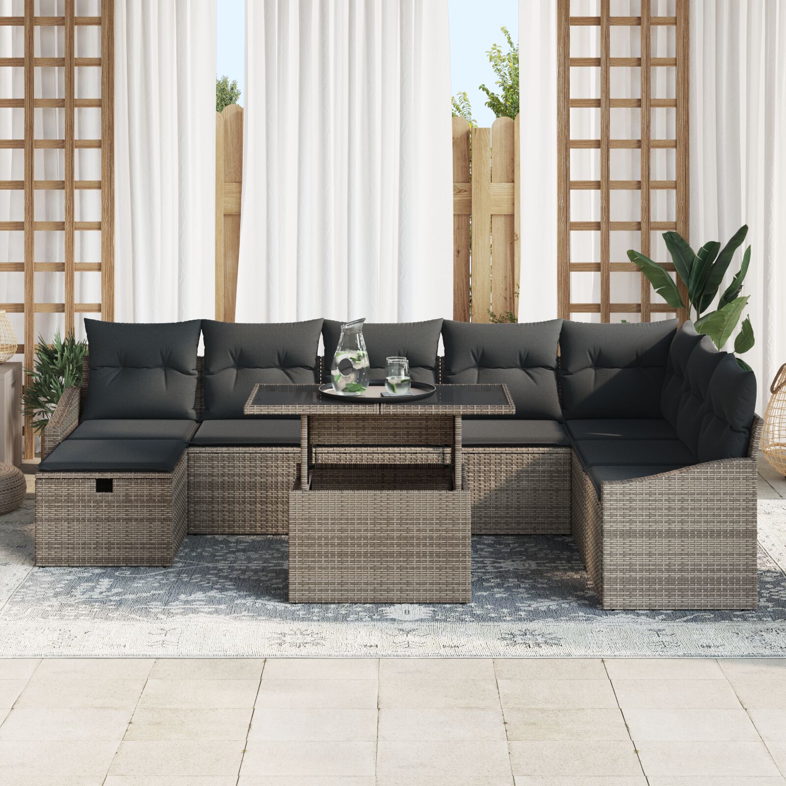9 Piece Garden Sofa Set with Cushions Grey Poly Rattan