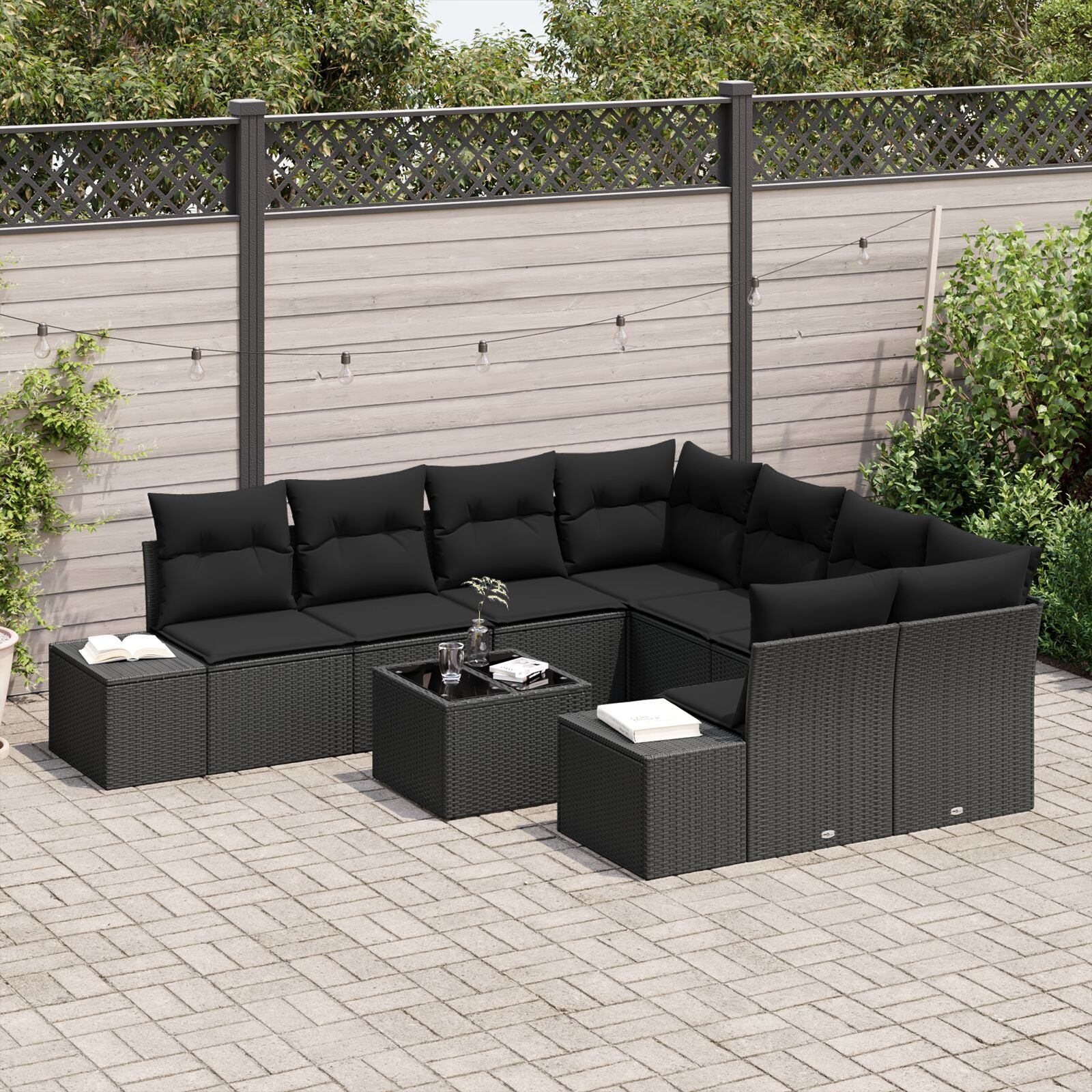 Garden Sofa Set 9 Piece Black Rattan, Powder-Coated Steel