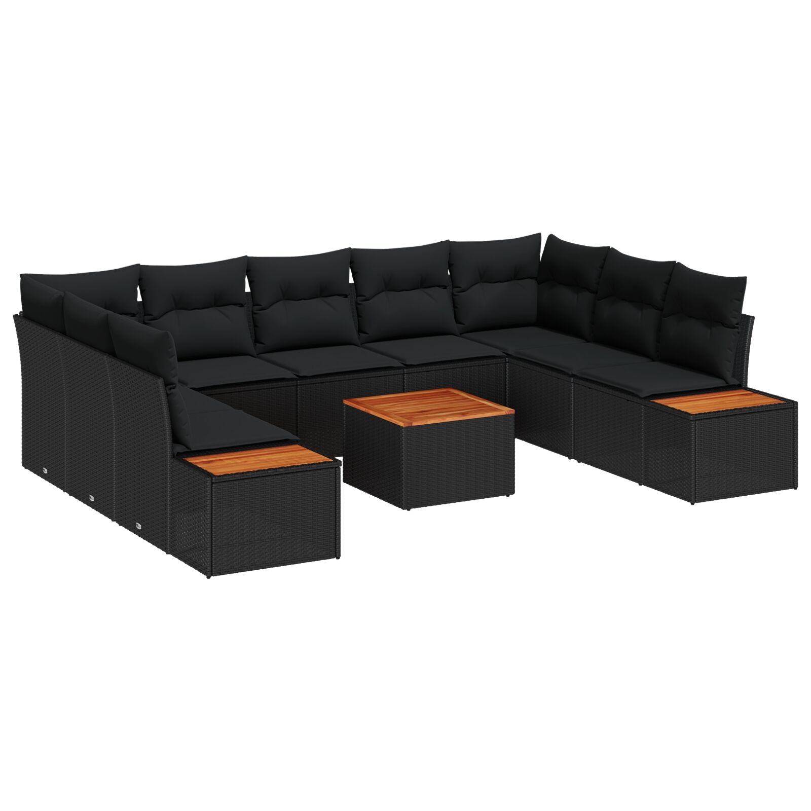 10 Piece Garden Sofa Set with Cushions Black Poly Rattan Acacia