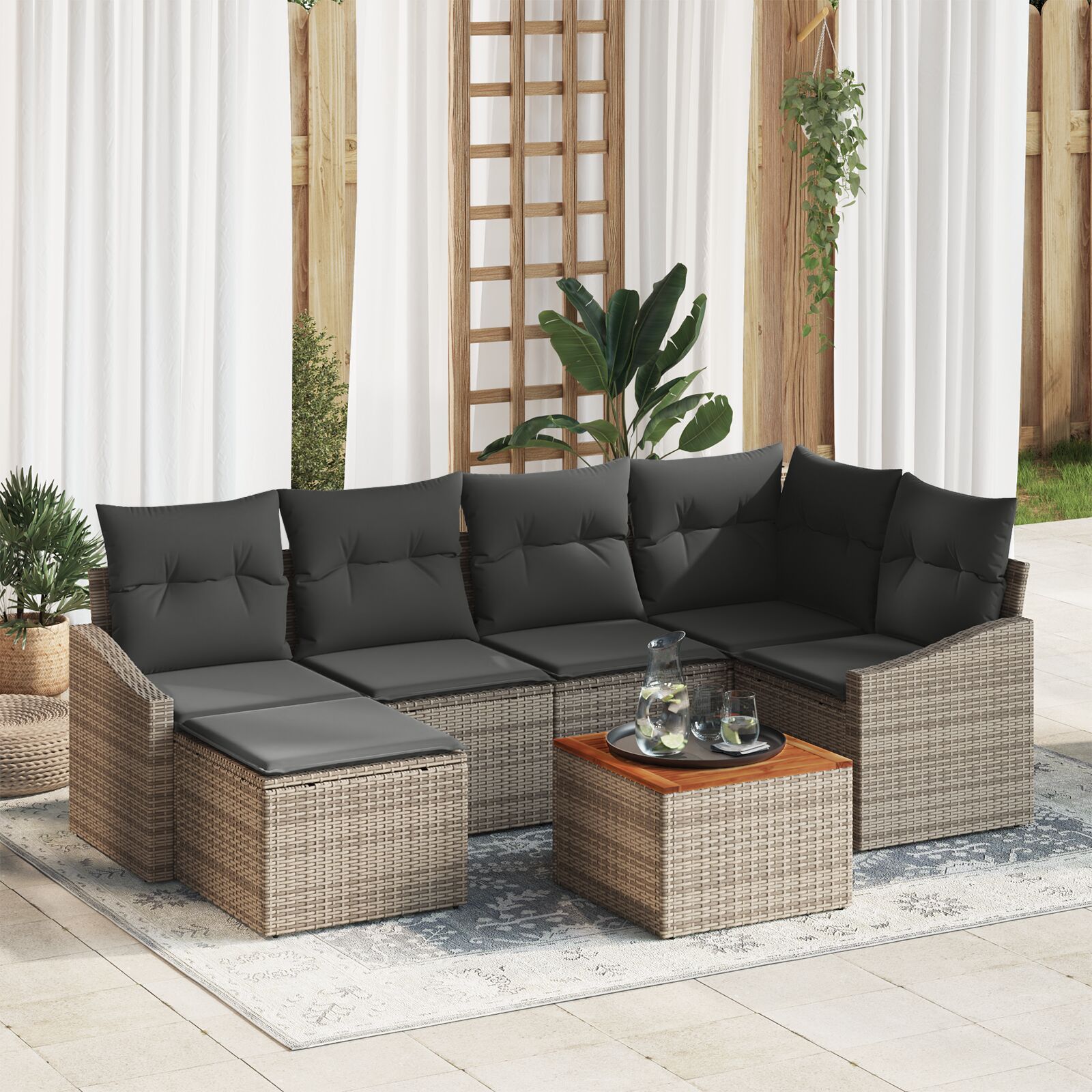 7 Piece Garden Sofa Set with Cushions Grey Poly Rattan Acacia