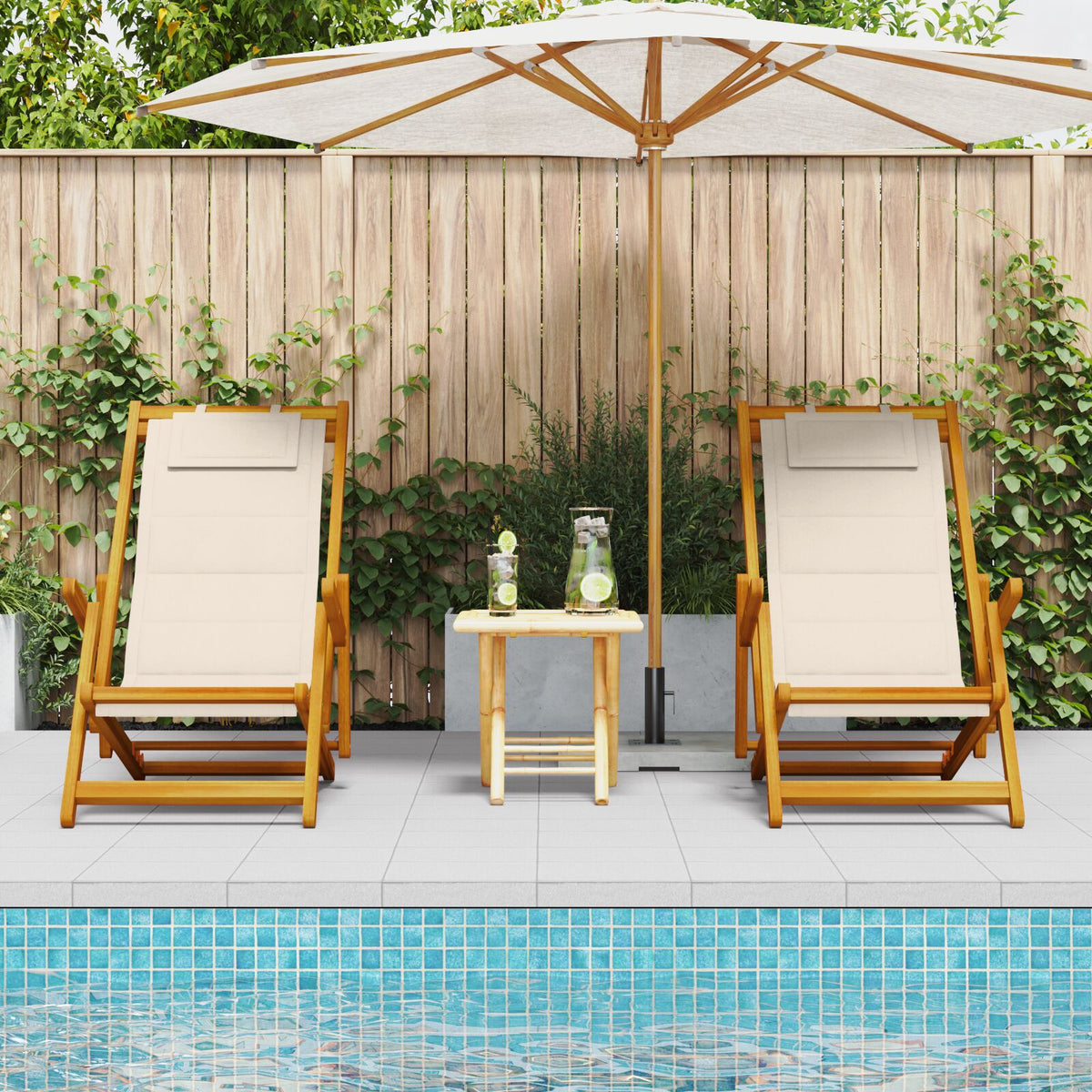 Folding Beach Chairs 2 Pack - Cream Acacia Wood &amp; Textilene