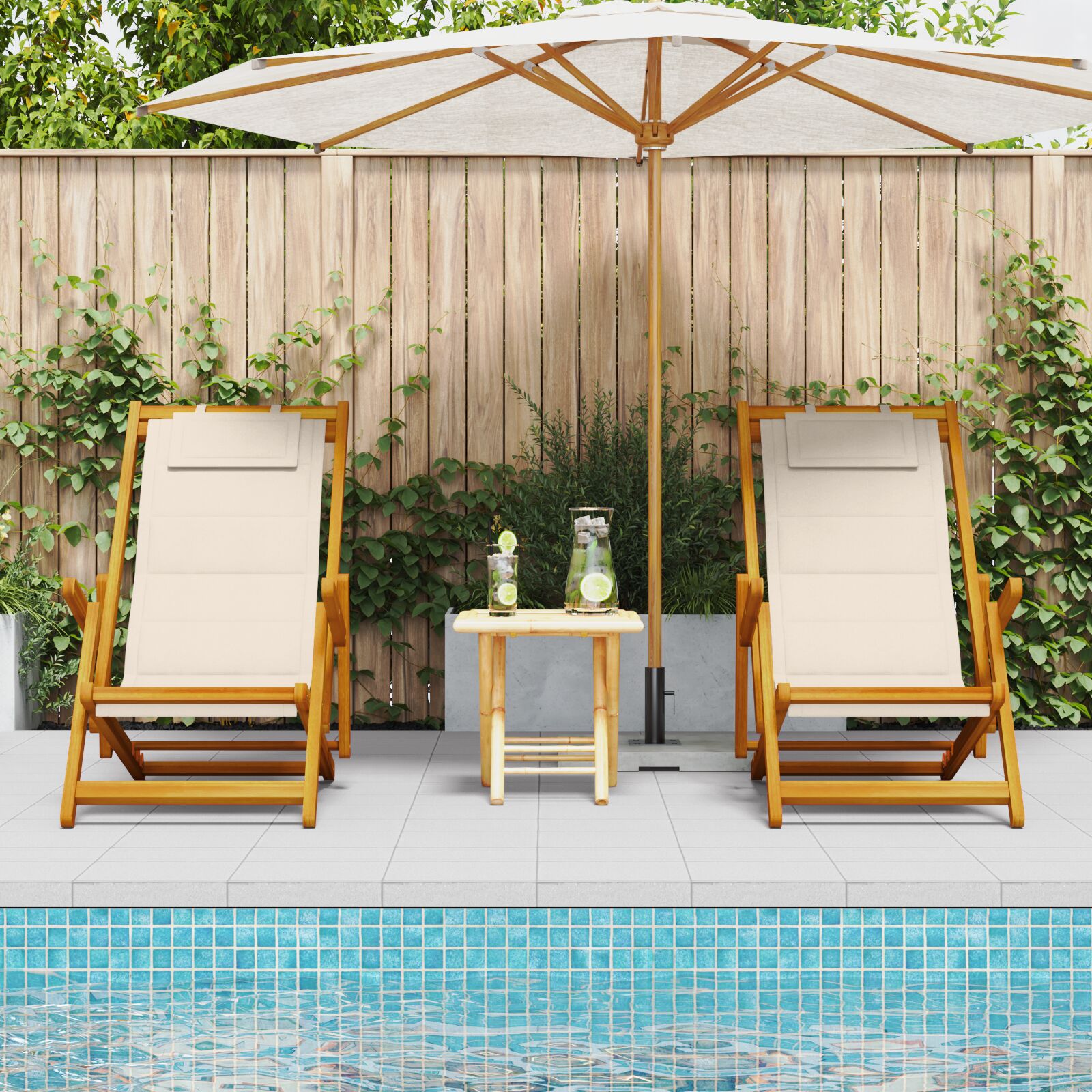 Folding Beach Chairs 2 Pack - Cream Acacia Wood & Textilene