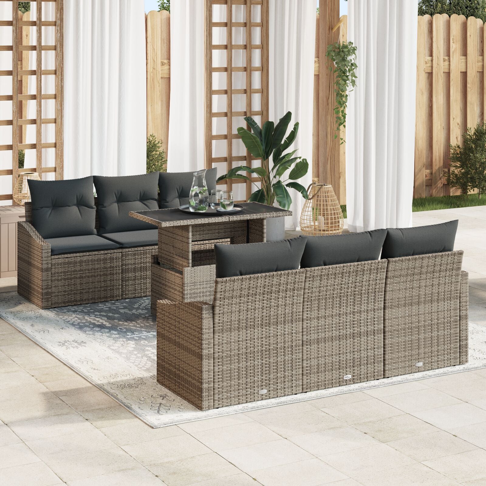 7 Piece Garden Sofa Set with Cushions Grey Poly Rattan