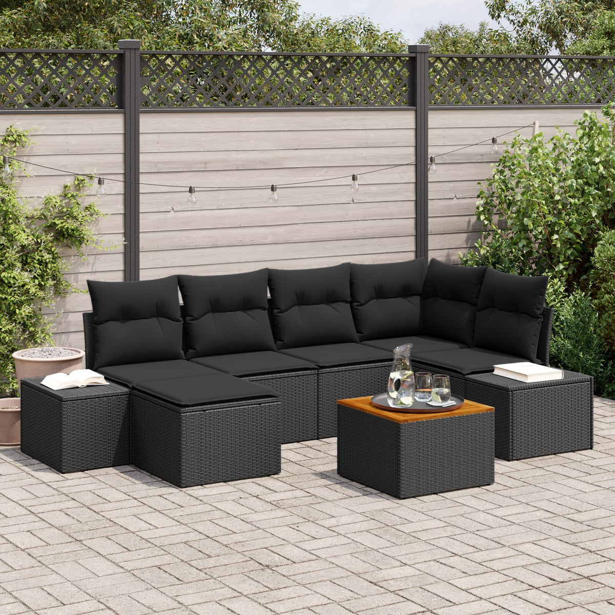 7 Piece Garden Sofa Set with Cushions Black Poly Rattan Acacia