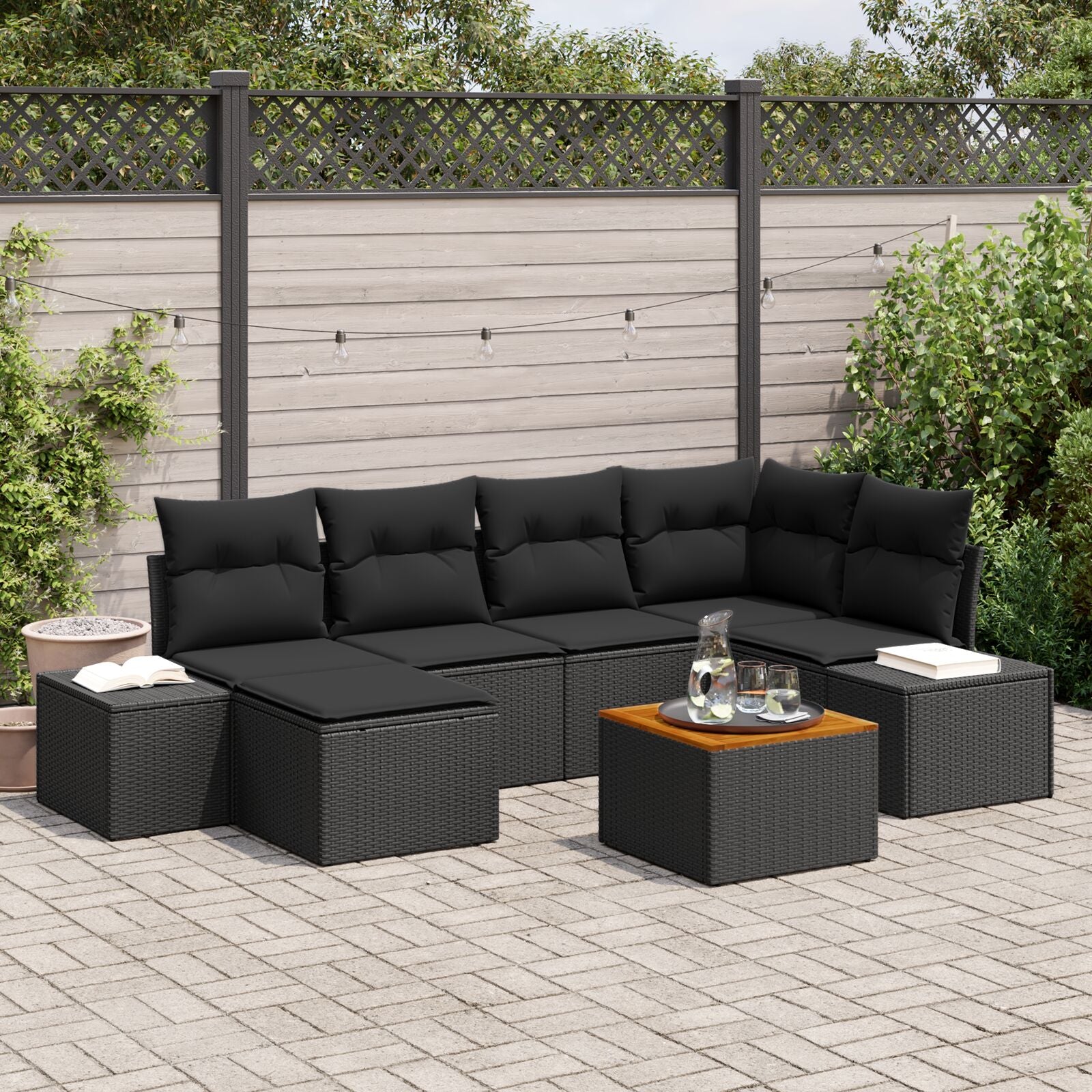 7 Piece Garden Sofa Set with Cushions Black Poly Rattan Acacia