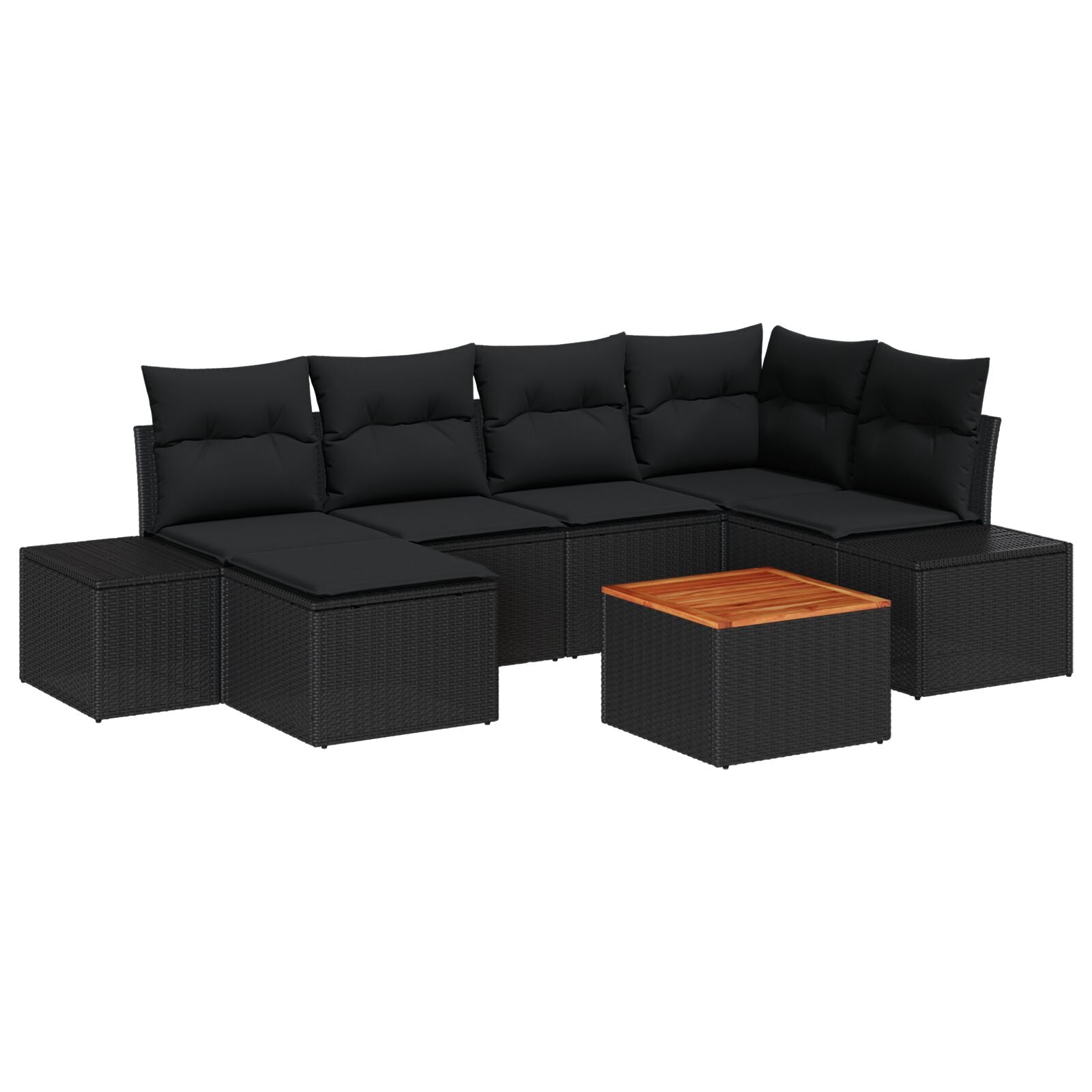 7 Piece Garden Sofa Set with Cushions Black Poly Rattan Acacia