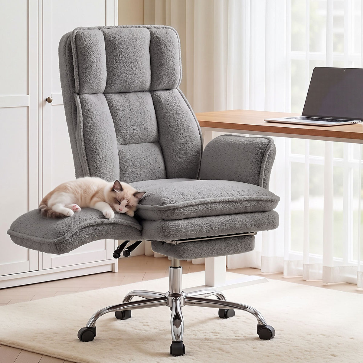 Artiss Big &amp; Tall Criss Cross Office Chair with Flip Armrests Foot Rest Reclining Teddy Fleece Grey