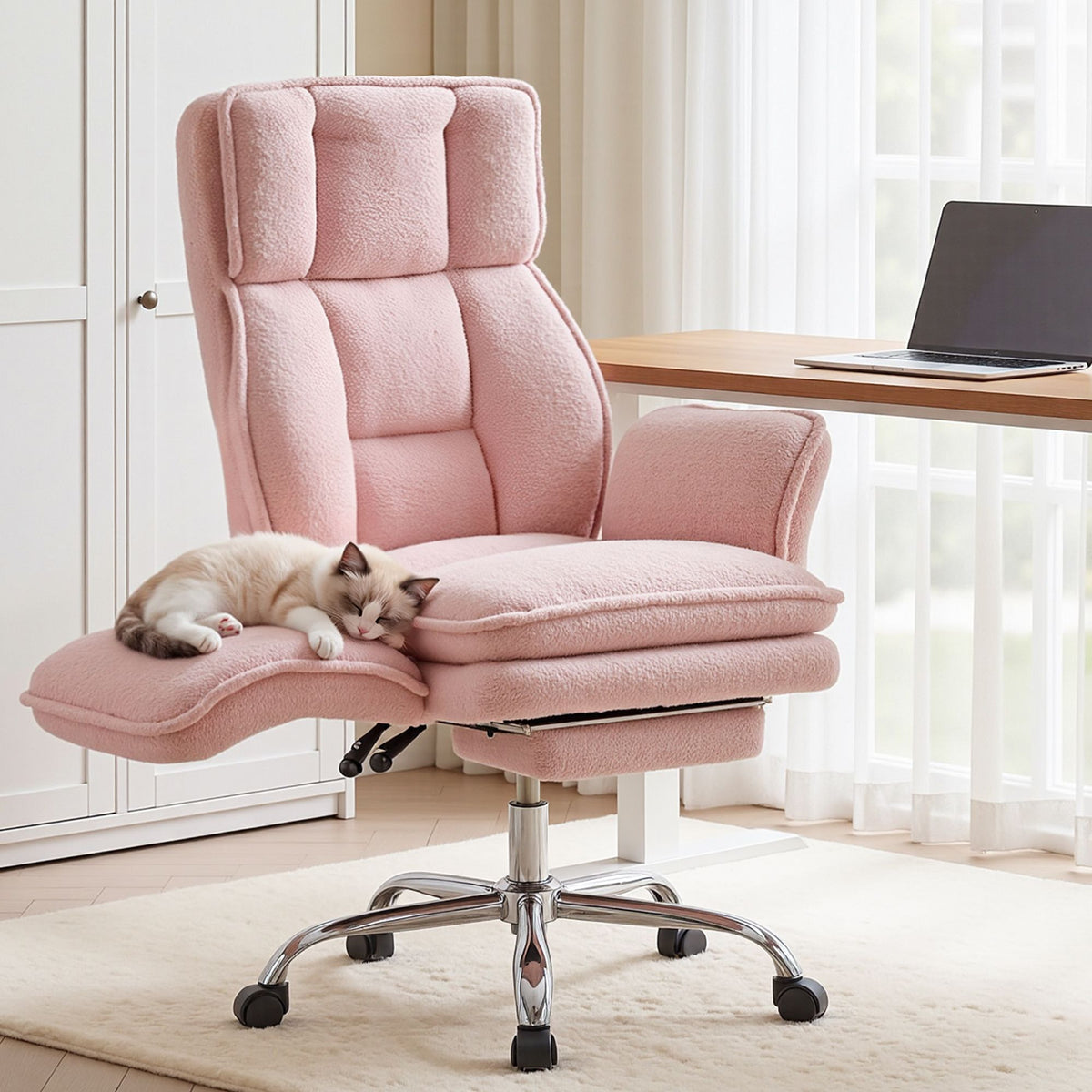 Artiss Big &amp; Tall Criss Cross Office Chair with Flip Armrests Foot Rest Reclining Teddy Fleece Pink