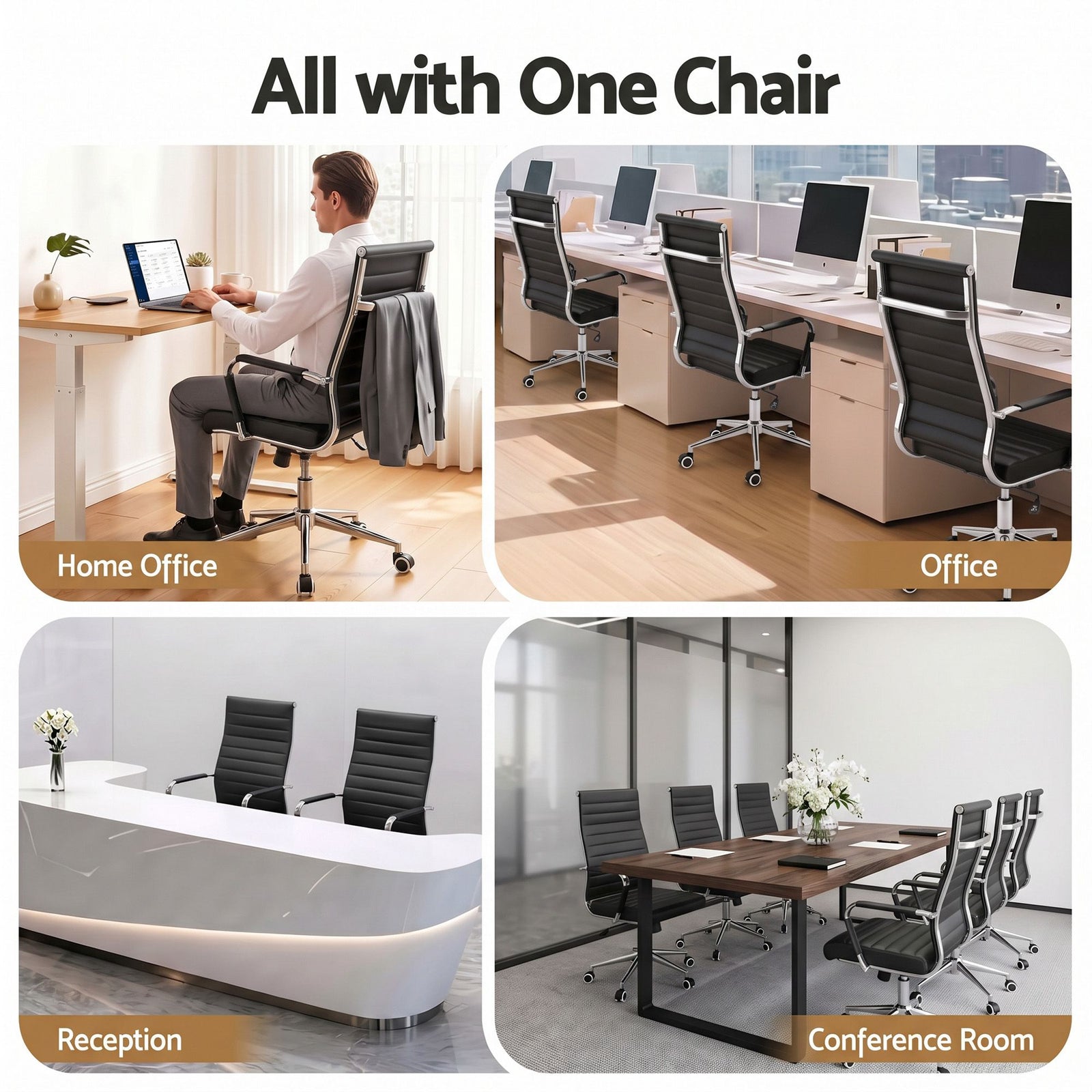 Artiss Conference Office Chair Swivel Computer Chair High Back Ribbed PU Leather Black