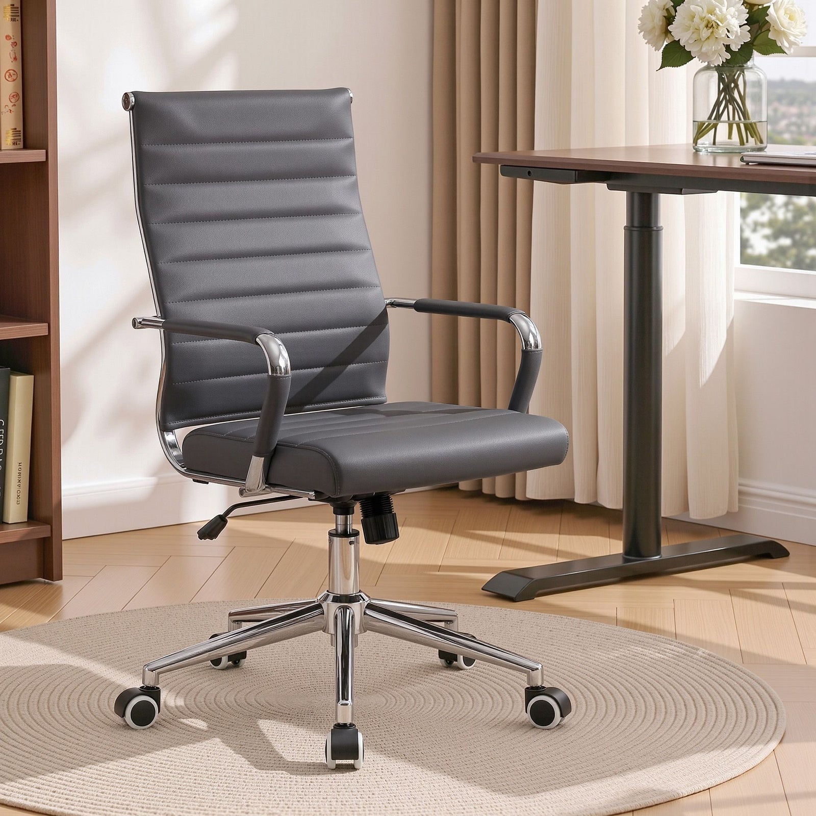 Artiss Conference Office Chair Swivel Computer Chair High Back Ribbed PU Leather Grey