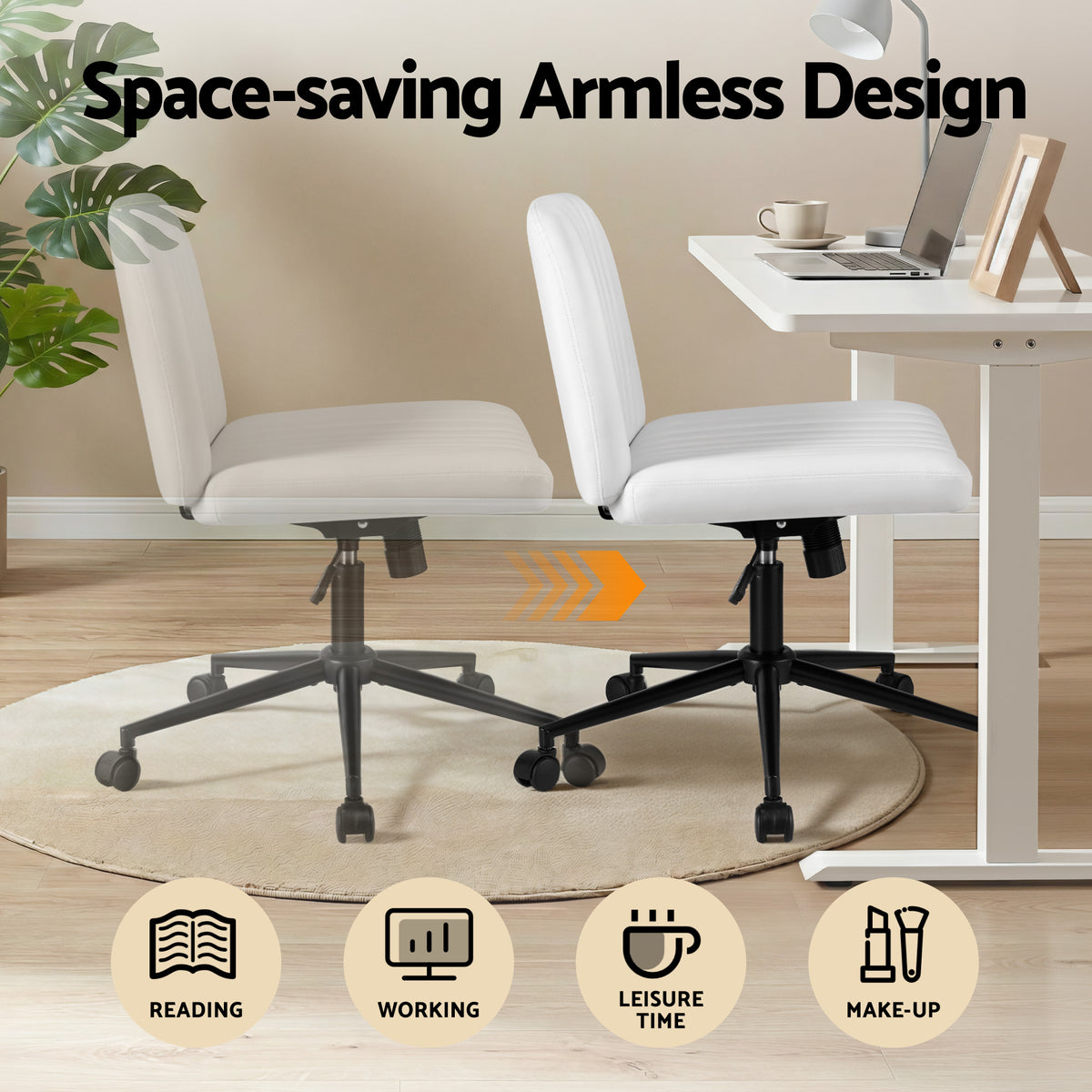 Artiss Criss Cross Chair with Wheels Wide Cross Legged Office Desk Vanity Chair PU Leather, Armless Height Adjustable Swivel Home Office Chair for Home Computer Task, White