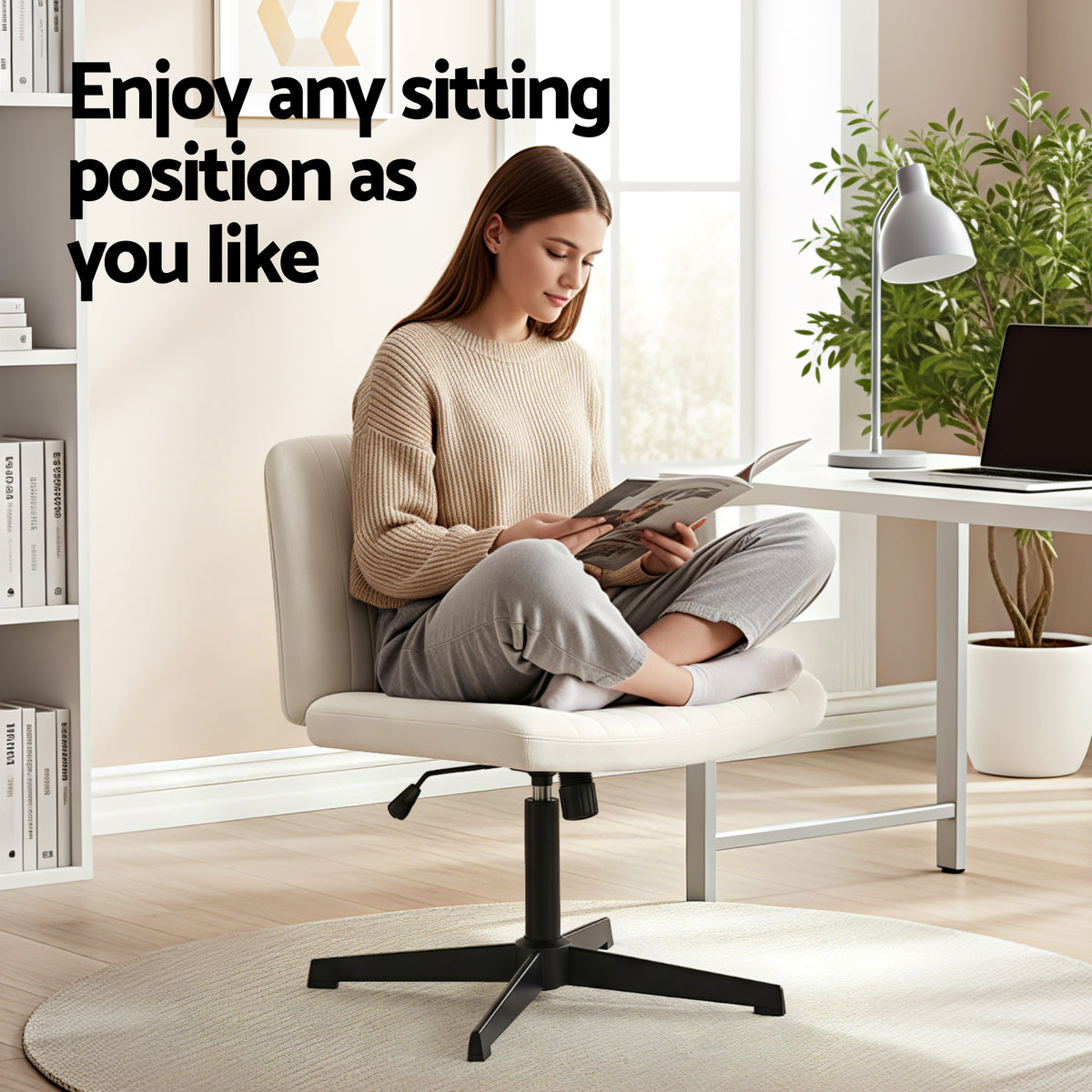 Artiss Criss Cross Chair No Wheels Fabric Wide Cross Legged Office Desk Vanity Chair Armless, Height Adjustable, Swivel Home Office Chair for Home Computer Task, Beige