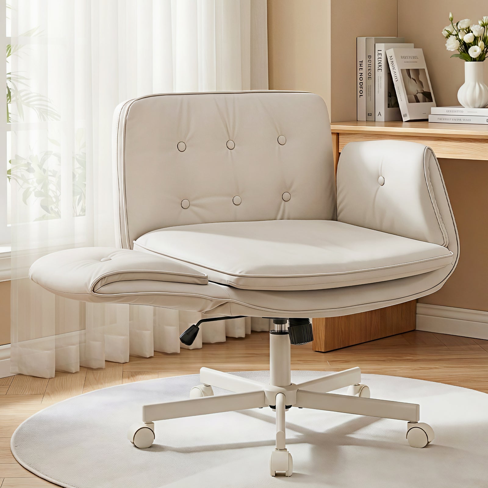 Artiss Criss Cross Chair with Wheels & Adjustable Armrests, Ergonomic Cross Legged Office Desk Chair PU Leather Vanity Chair Swivel for Home, Make Up, Bedroom, Computer, Beige