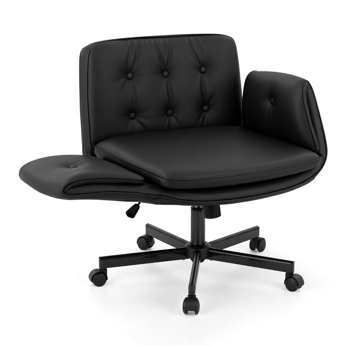 Artiss Criss Cross Chair with Wheels &amp; Adjustable Armrests, Ergonomic Cross Legged Office Desk Chair PU Leather Vanity Chair Swivel for Home, Make Up, Bedroom, Computer, Black