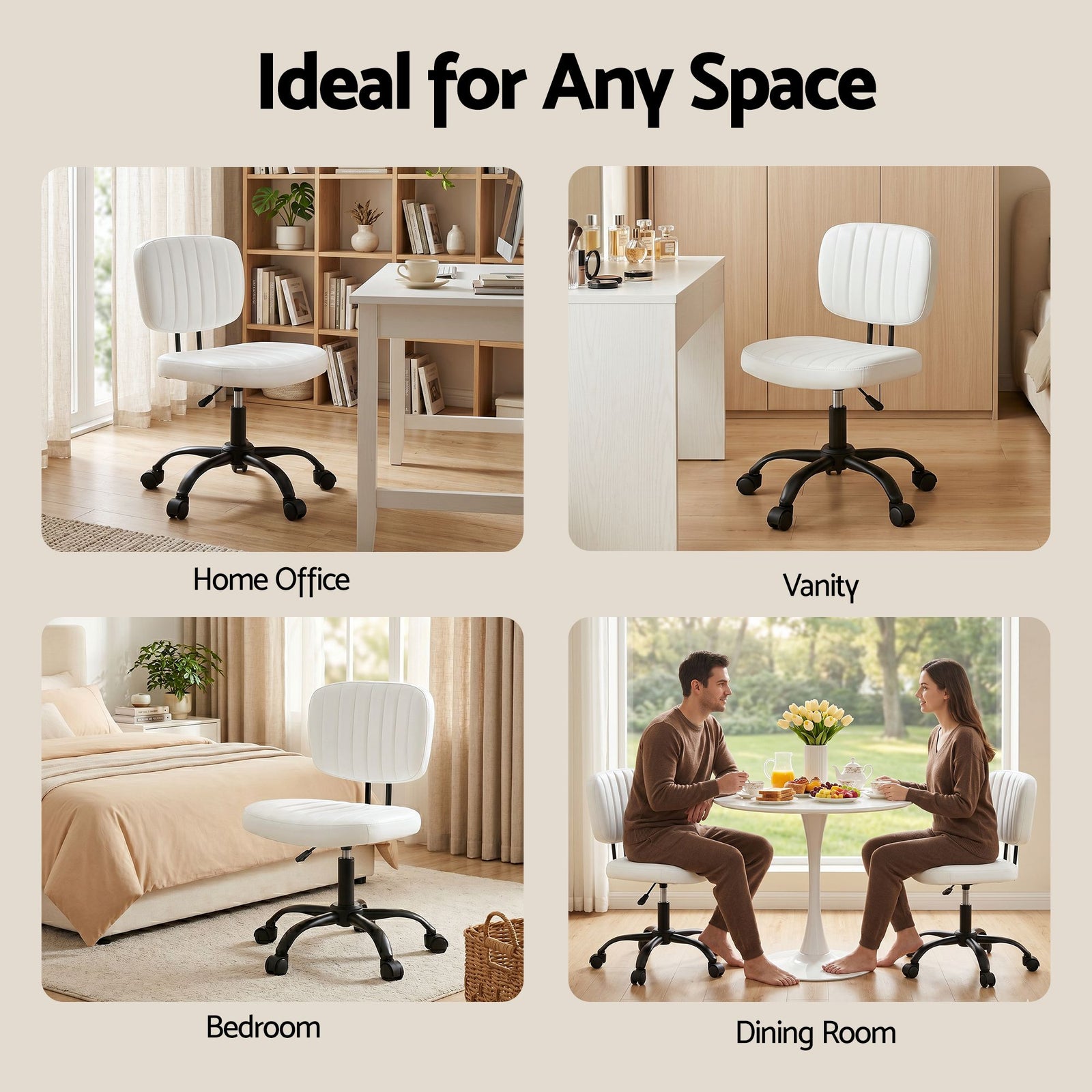 Artiss Armless Office Chair with Wheels, Ergonomic PU Leather Office Desk Chair, Height Adjustable 360° Swivel Computer Task Chair for Home Office, Study Room & Small Space, White