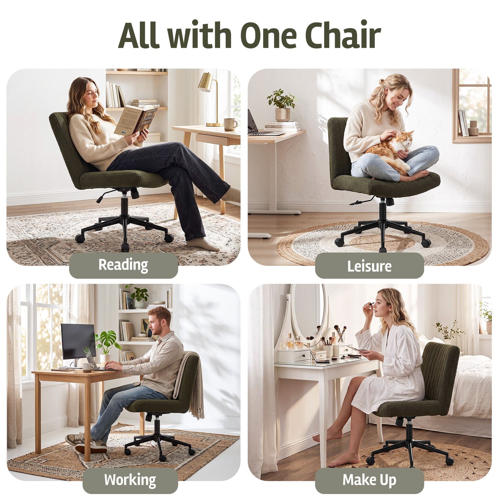 Artiss Armless Cross Legged Office Chair Wide Seat Vanity Chair Teddy Fleece Green