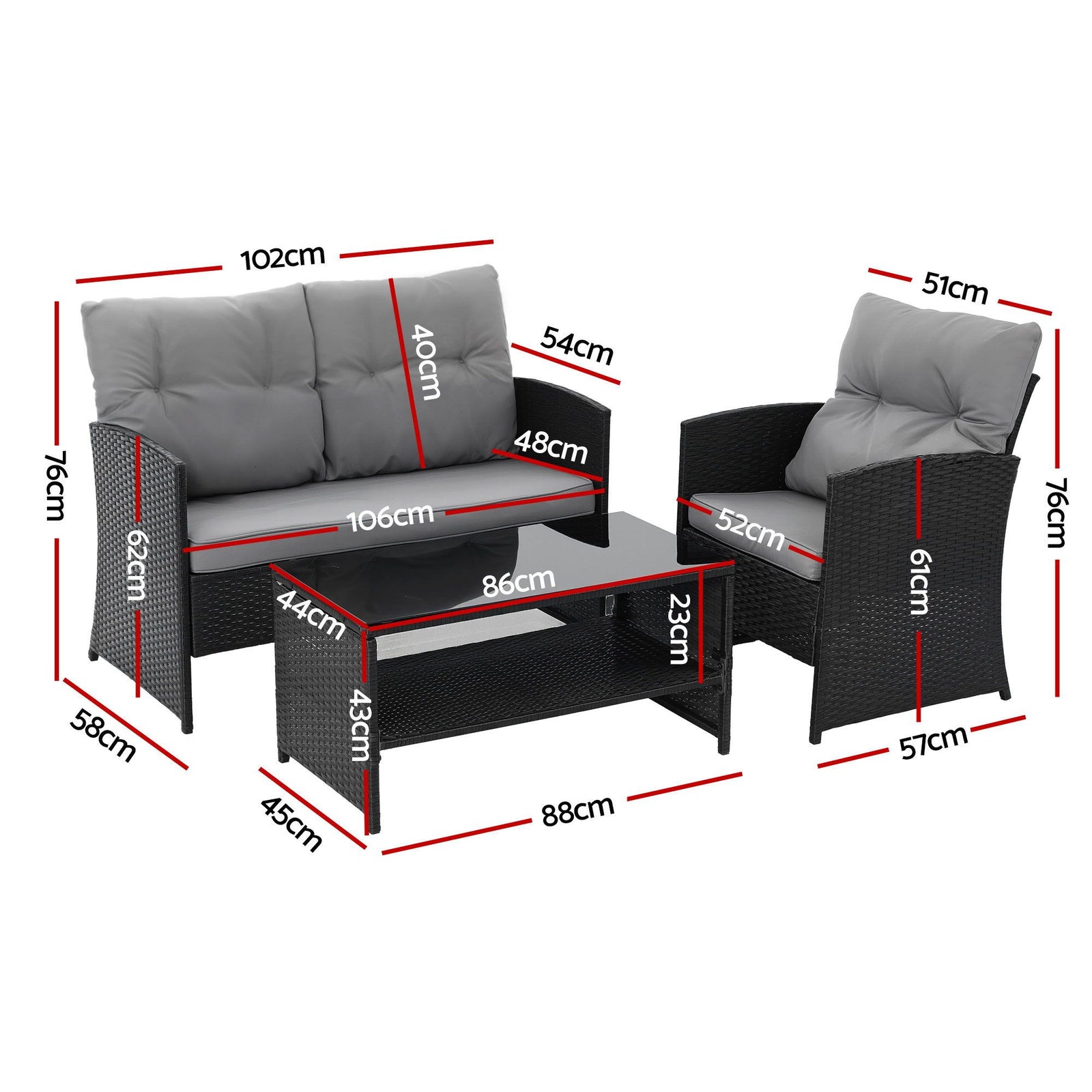 Gardeon 4-Piece Outdoor Sofa Set Coffee Table Chair Rattan Furniture Black
