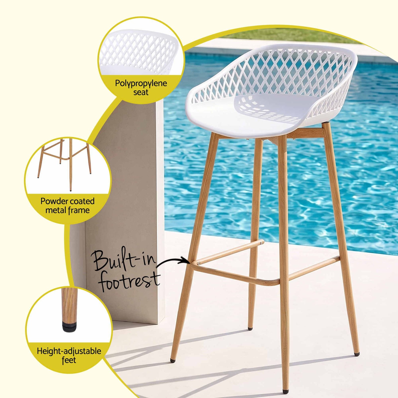 Gardeon 2PC Outdoor Bar Stools Plastic Metal Dining Chair Patio Furniture White