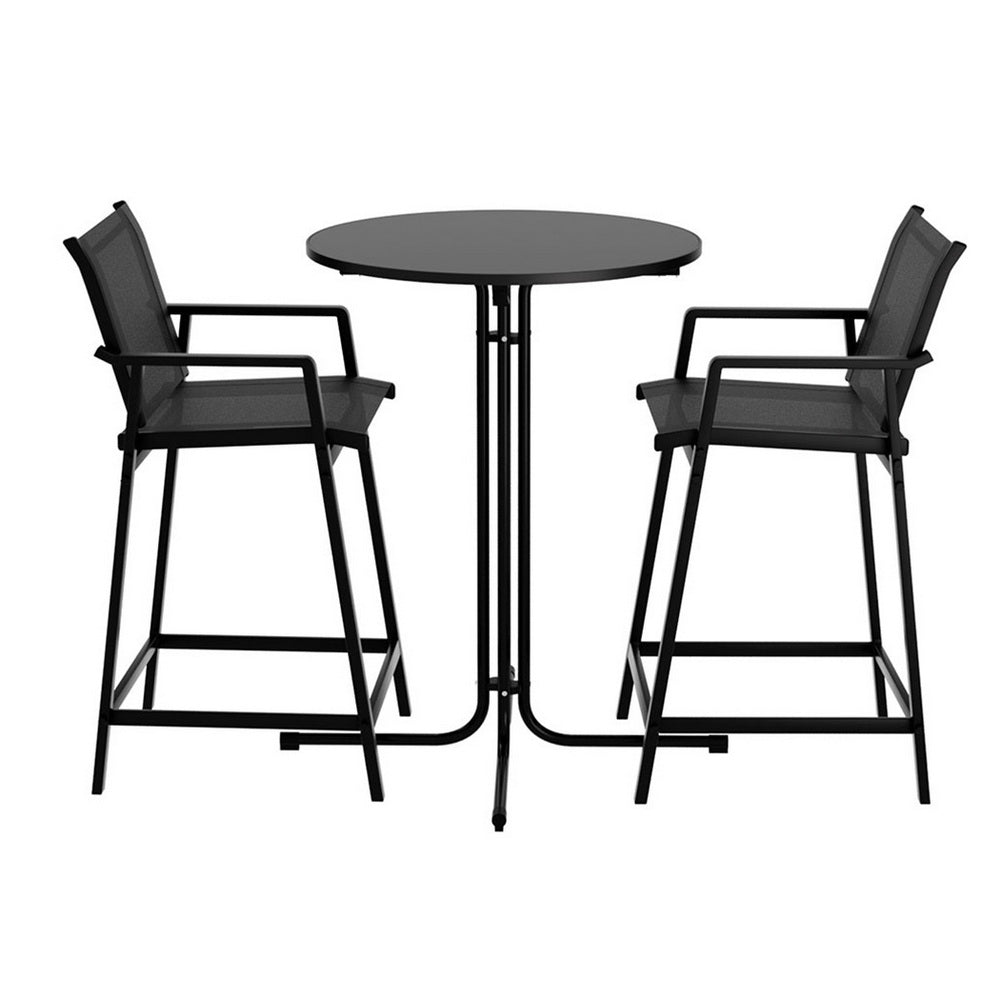 Gardeon 3PC Outdoor Bar Set Stools Dining Chairs Table Patio Furniture Bistro Set Steel Black