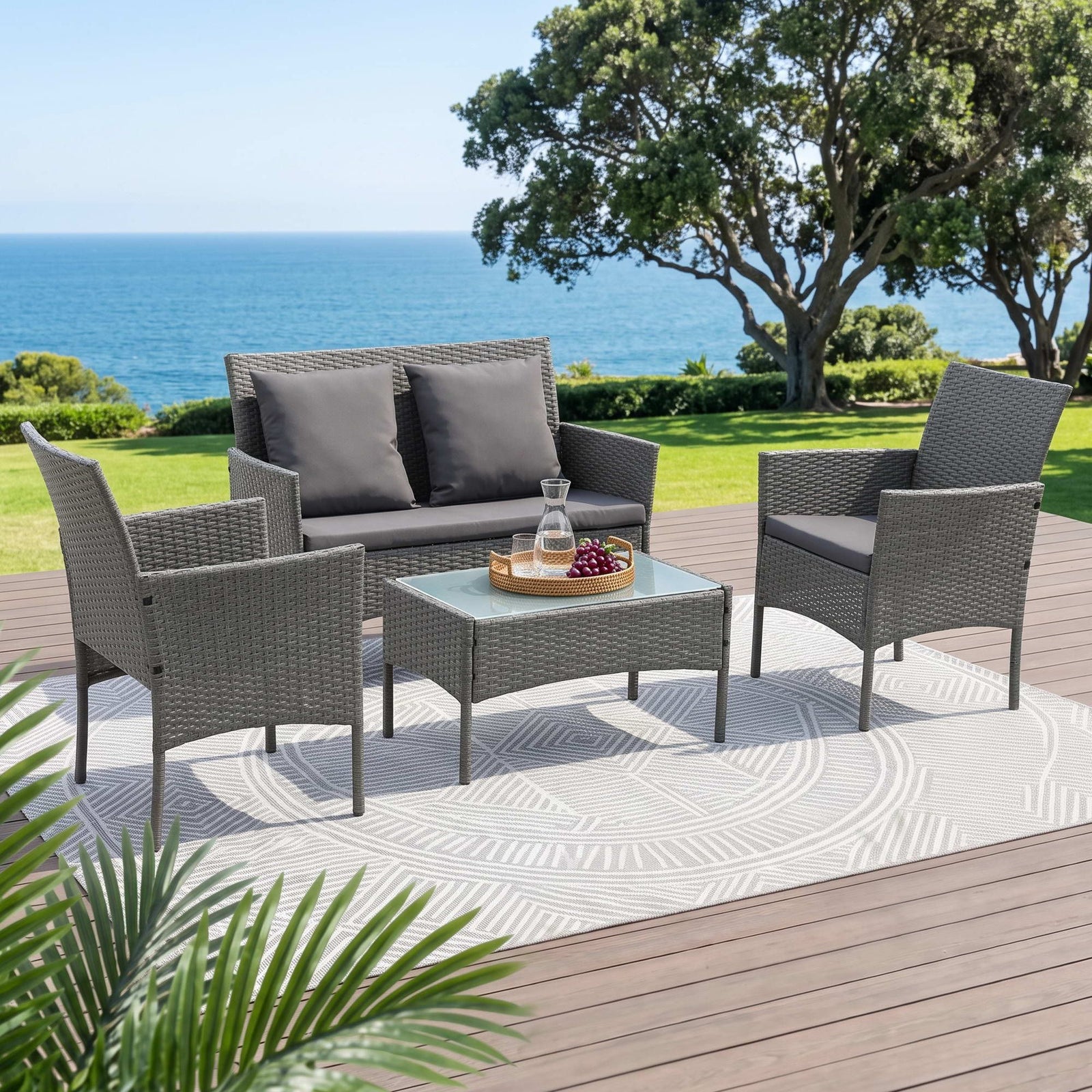 Gardeon 4-Piece Outdoor Sofa Set Rattan Furniture with Two Pillows Grey