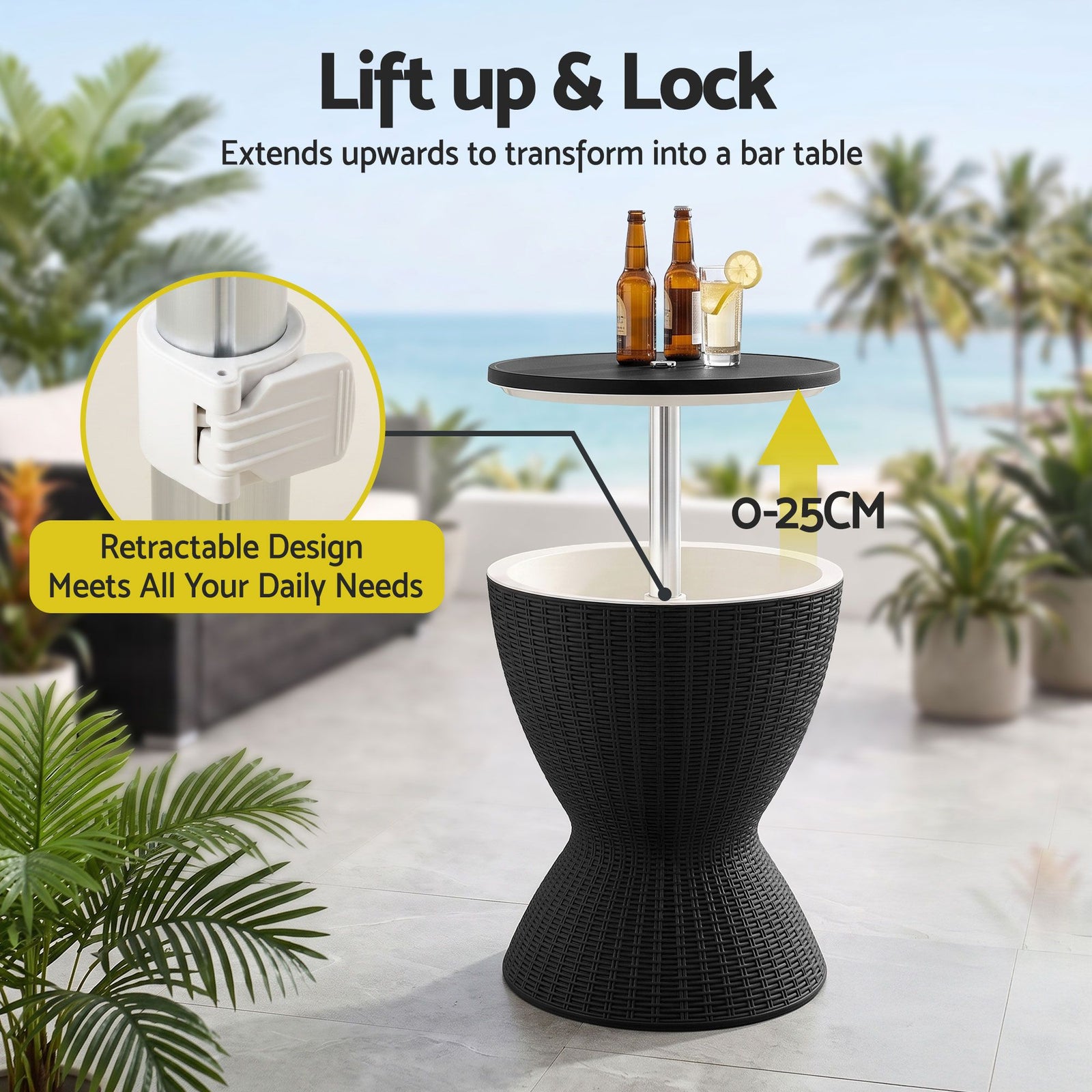 Gardeon Outdoor Bar Table Portable Ice Bucket Cooler 30L Adjustable Top Black