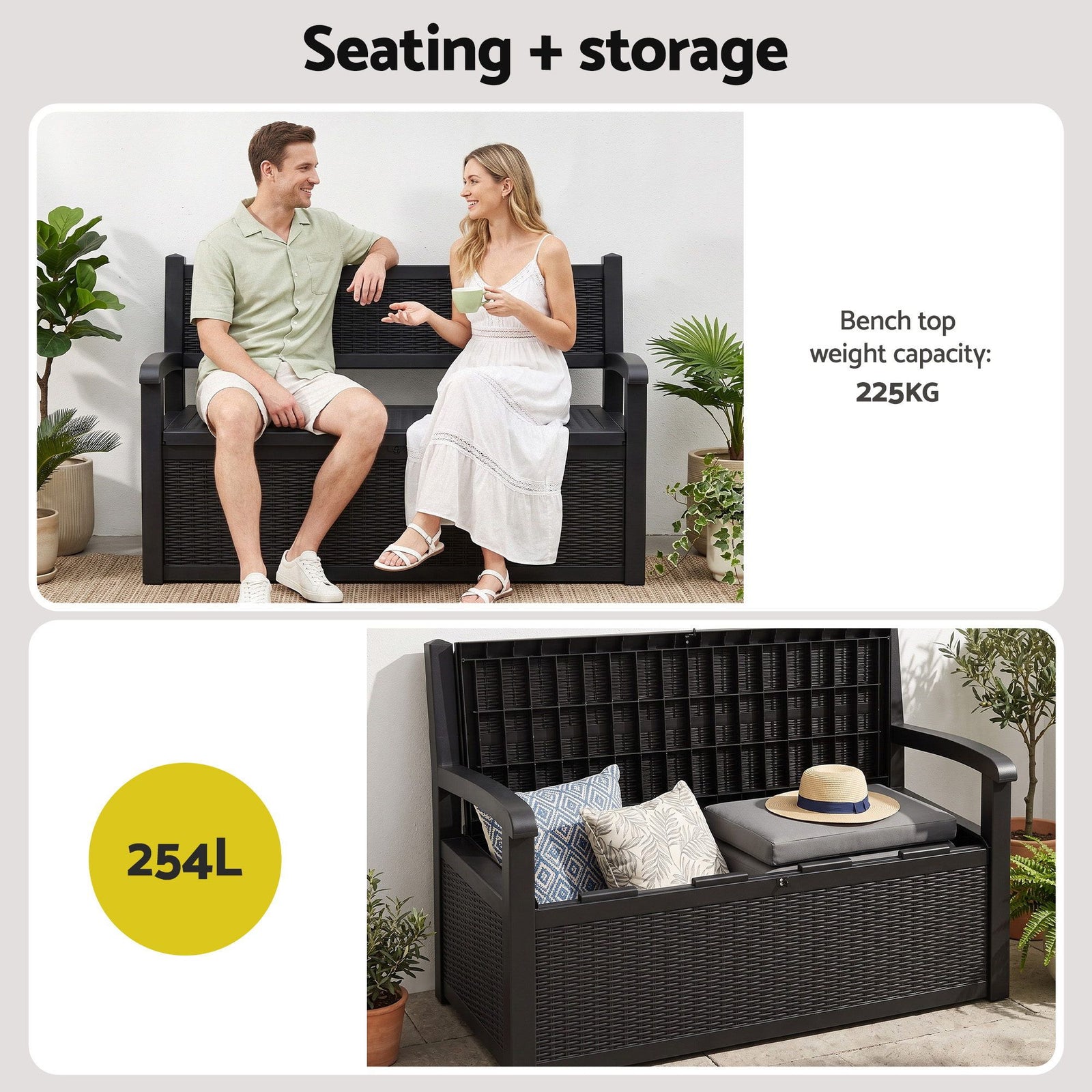 Gardeon Outdoor Storage Box Bench 254L Resin Armset Backrest Lockable Black