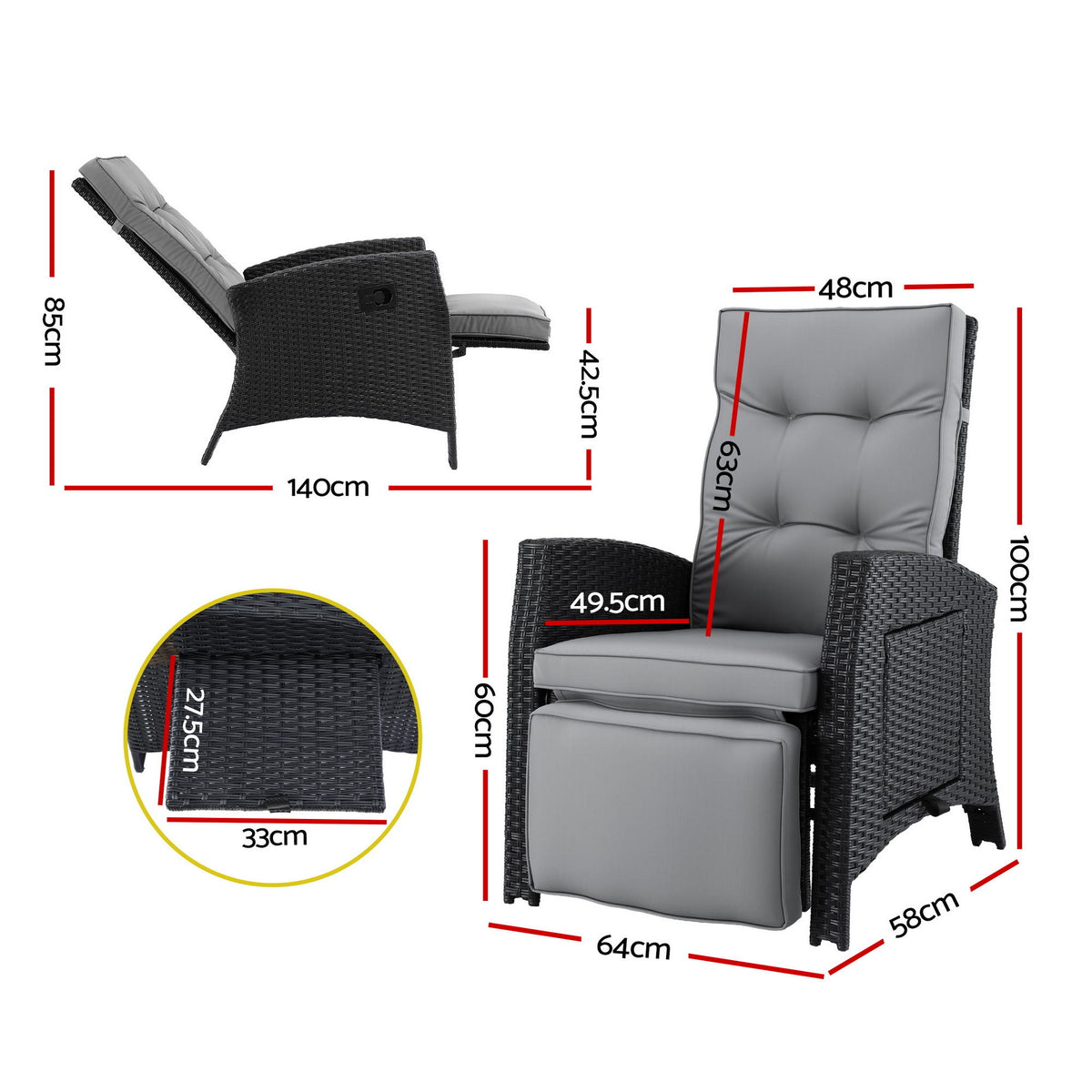 Gardeon Outdoor Recliner Chairs Sun lounge Wicker Lounger Patio Furniture Adjustable Black