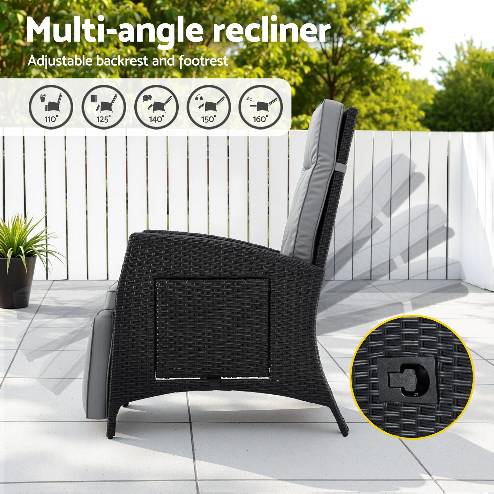 Gardeon Outdoor Recliner Chairs Sun lounge Wicker Lounger Patio Furniture Adjustable Black