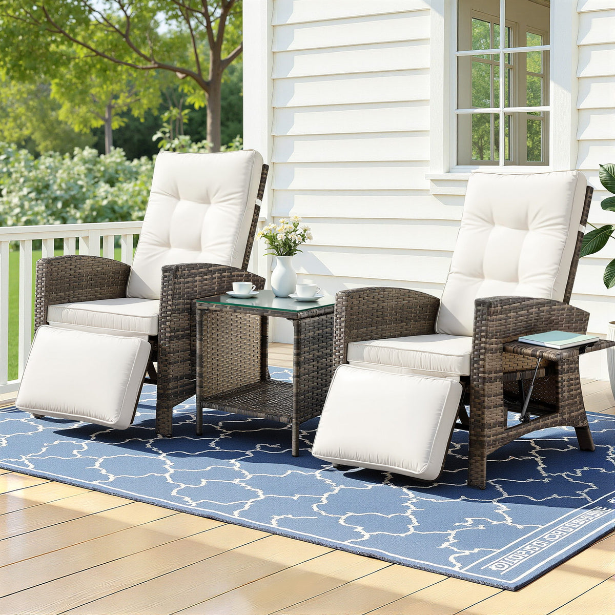 Gardeon 3PC Outdoor Bistro Set Recliner Chairs Table Sun lounge Patio Furniture Wicker Adjustable