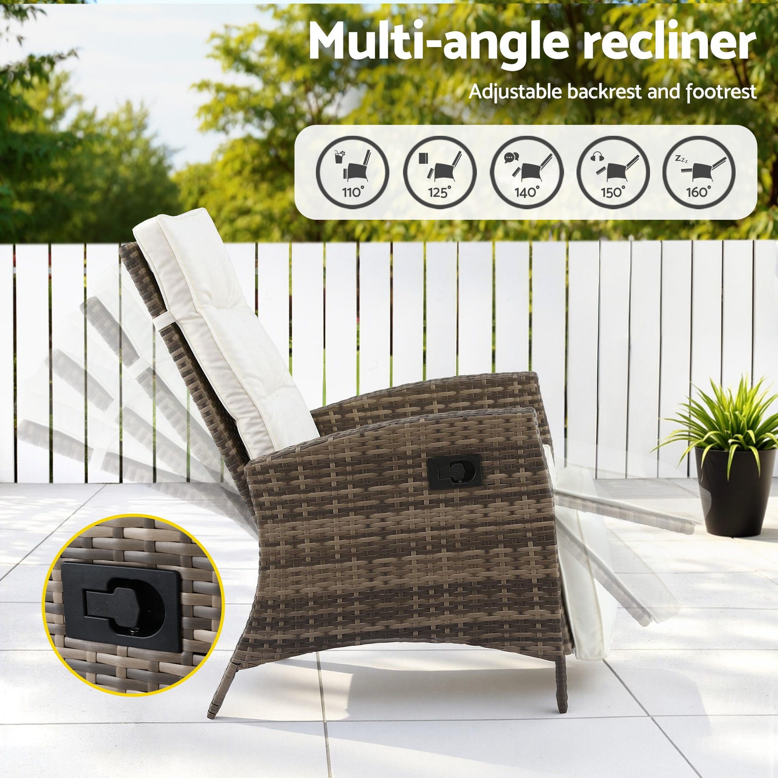 Gardeon 3PC Outdoor Bistro Set Recliner Chairs Table Sun lounge Patio Furniture Wicker Adjustable