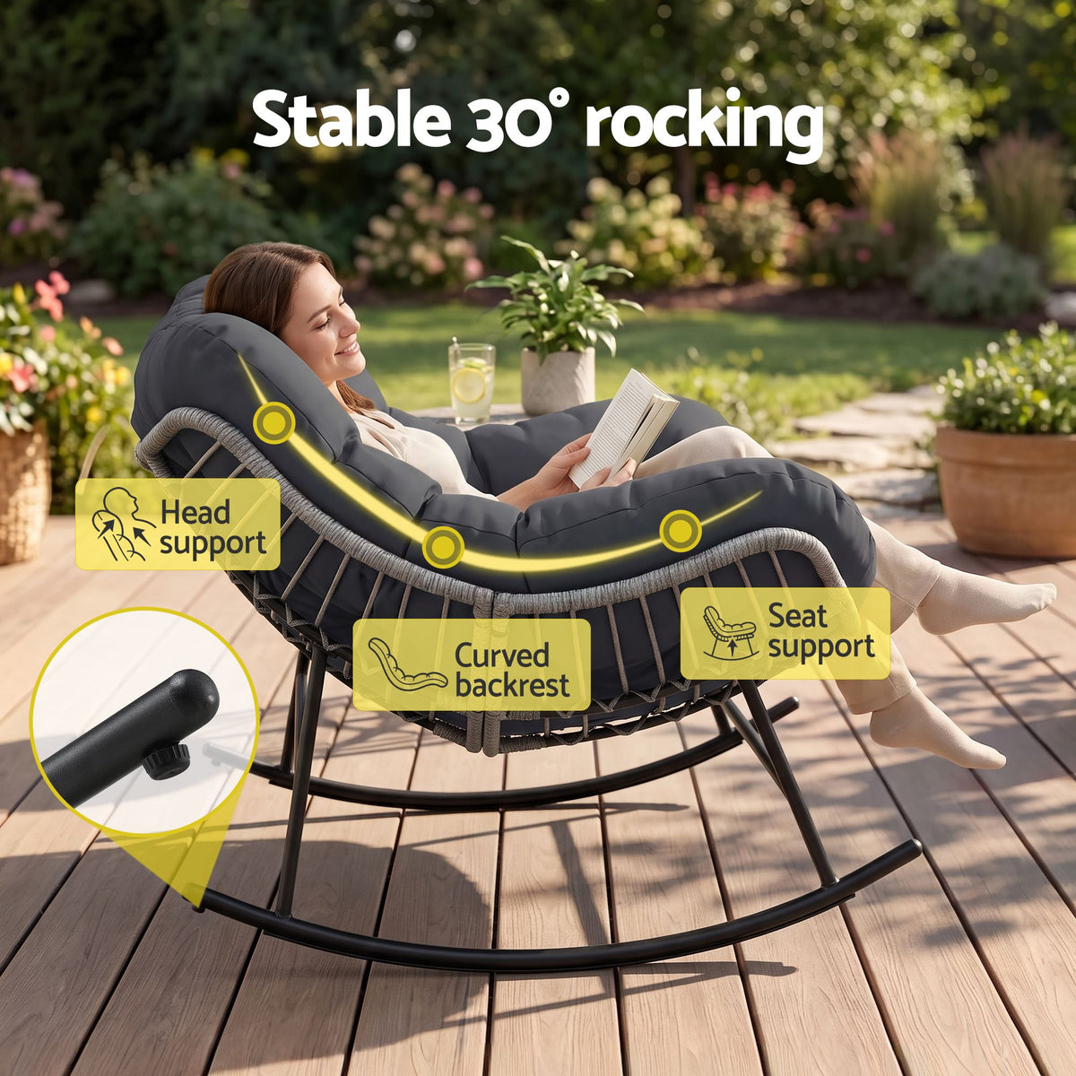 Gardeon Outdoor Rocking Chair Loveseat Wicker 2 Seater Cushion Patio Furniture Grey