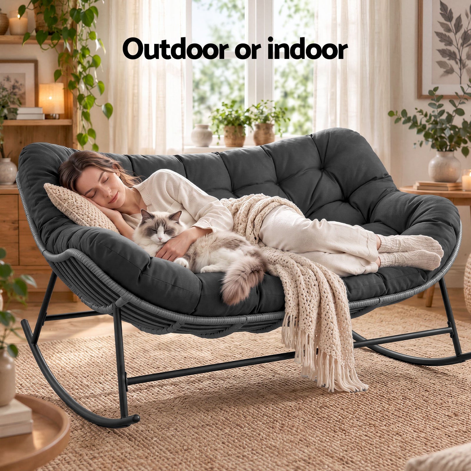 Gardeon Outdoor Rocking Chair Loveseat Wicker 2 Seater Cushion Patio Furniture Grey