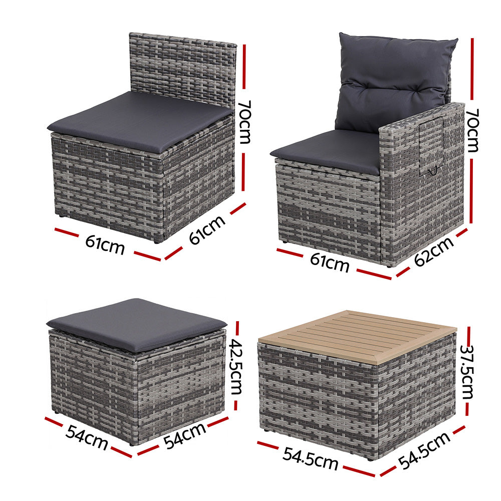 Gardeon 5 Pieces Outdoor Sofa Set 4-Seater Grey Rattan Patio Furniture Table and Chair Setting