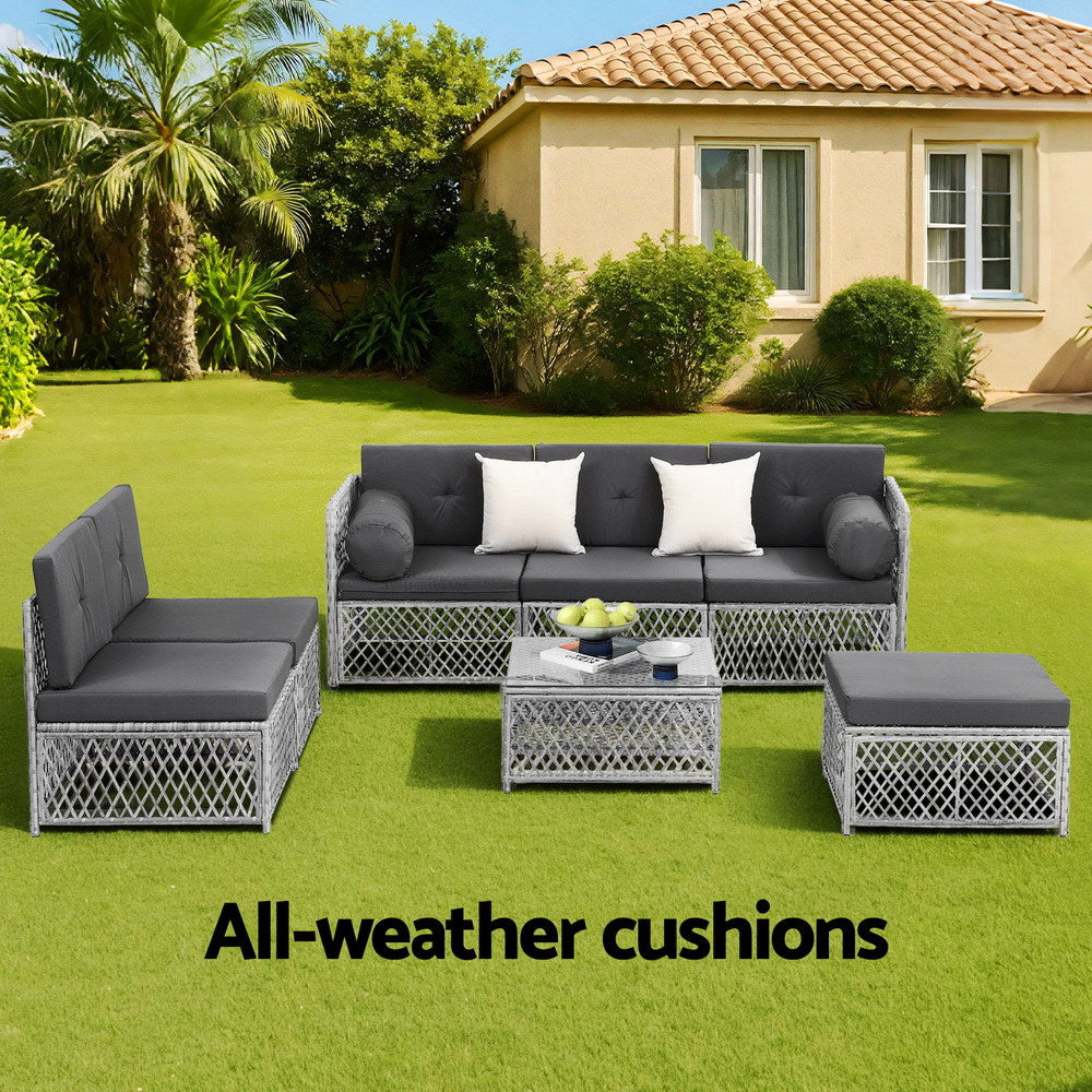 Gardeon 6 Seater Outdoor Sofa Set 7PCS Table Chair Set Garden Rattan Patio Furniture