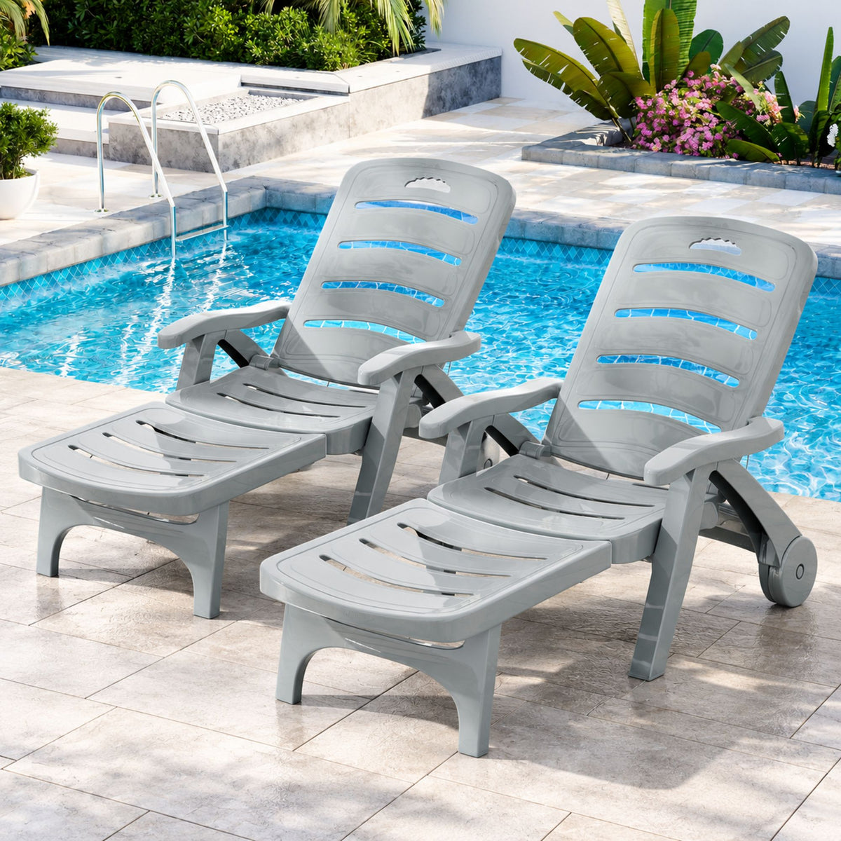 Gardeon 2PC Sun Lounger Folding Lounge Chair Wheels Patio Outdoor Furniture Grey
