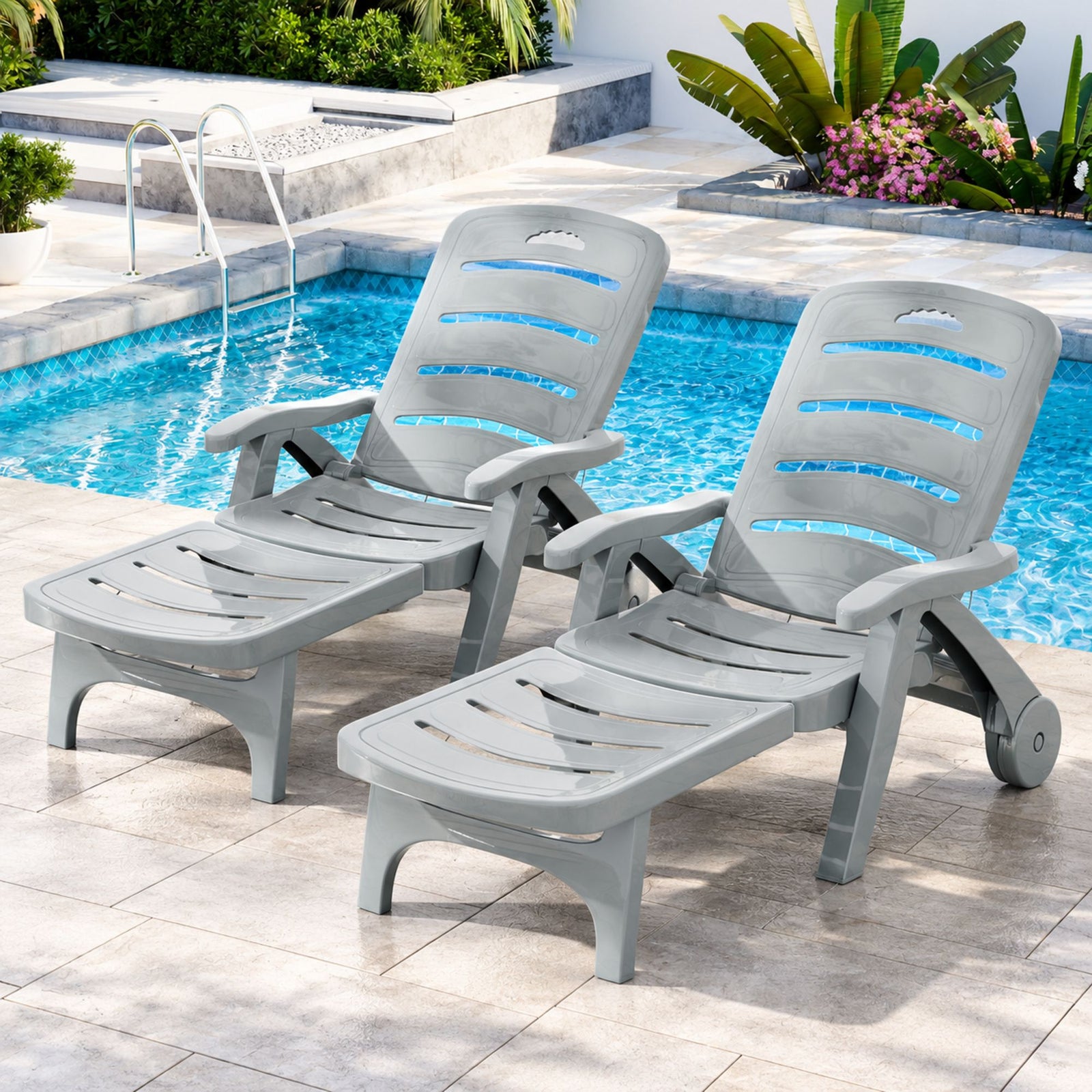 Gardeon 2PC Sun Lounger Folding Lounge Chair Wheels Patio Outdoor Furniture Grey