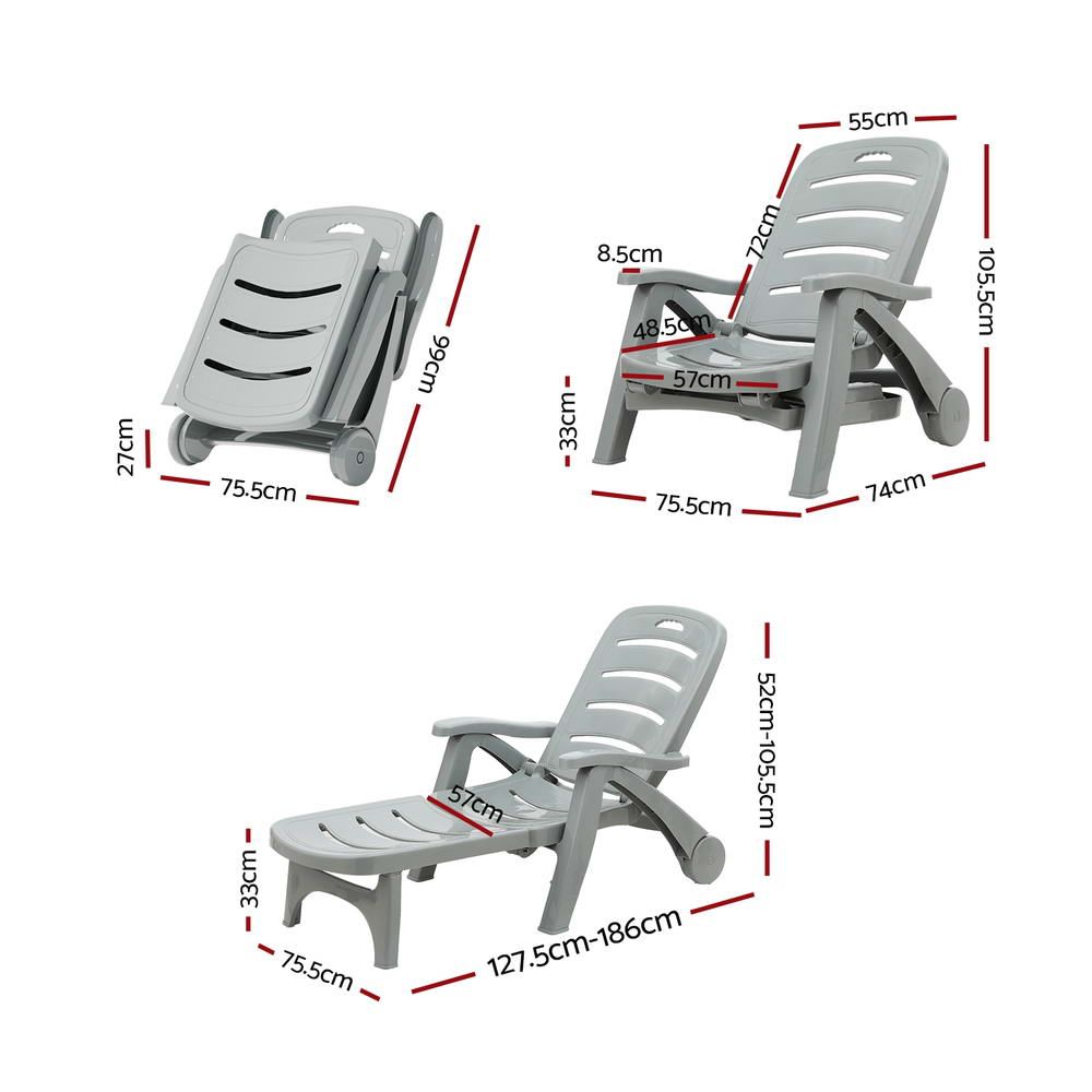 Gardeon 2PC Sun Lounger Folding Lounge Chair Wheels Patio Outdoor Furniture Grey
