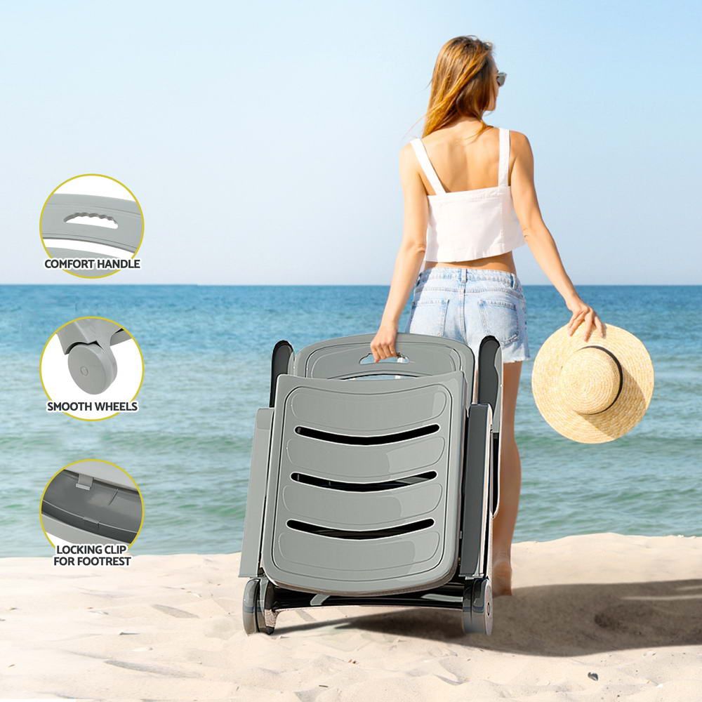 Gardeon 2PC Sun Lounger Folding Lounge Chair Wheels Patio Outdoor Furniture Grey