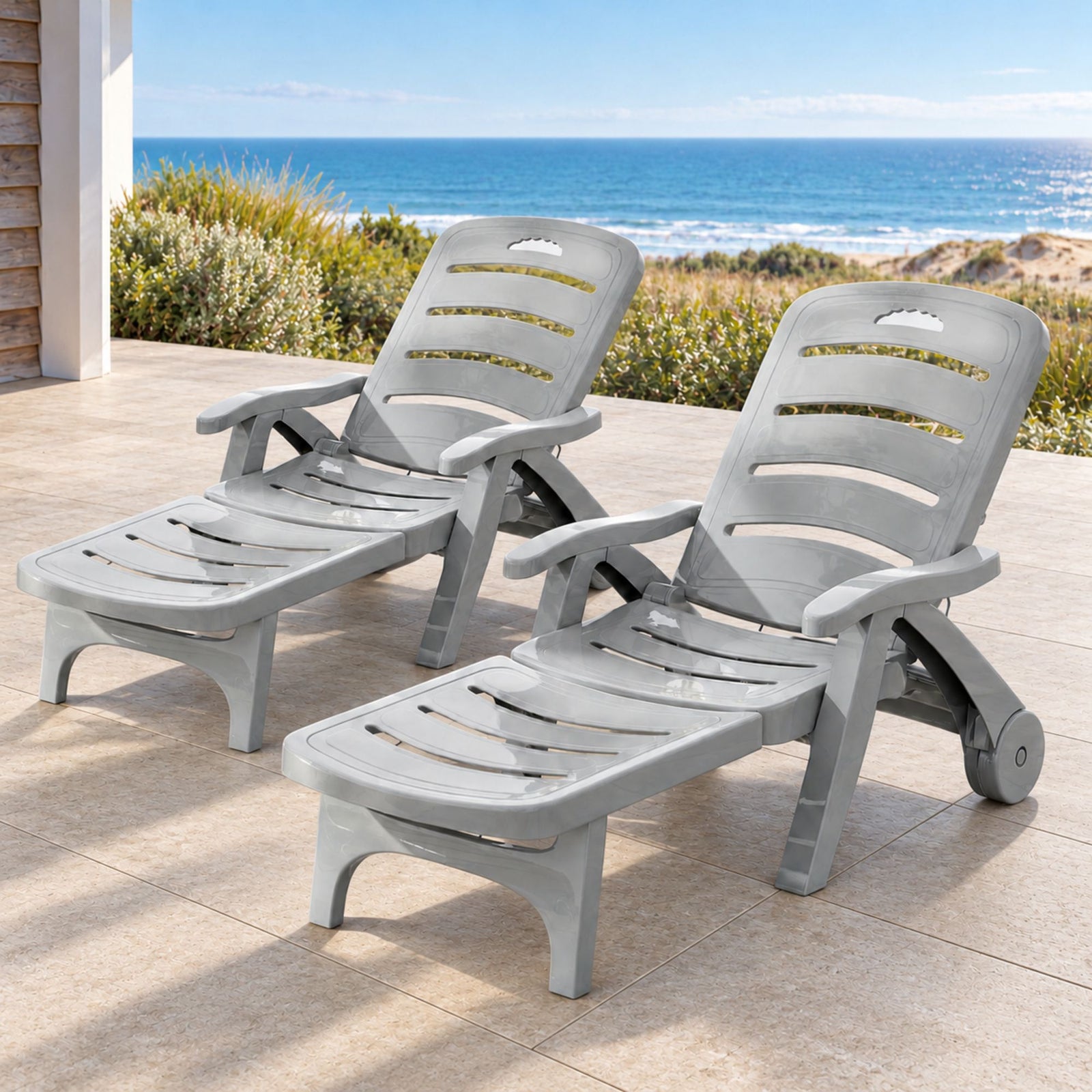 Gardeon 2PC Sun Lounger Folding Lounge Chair Wheels Patio Outdoor Furniture Grey