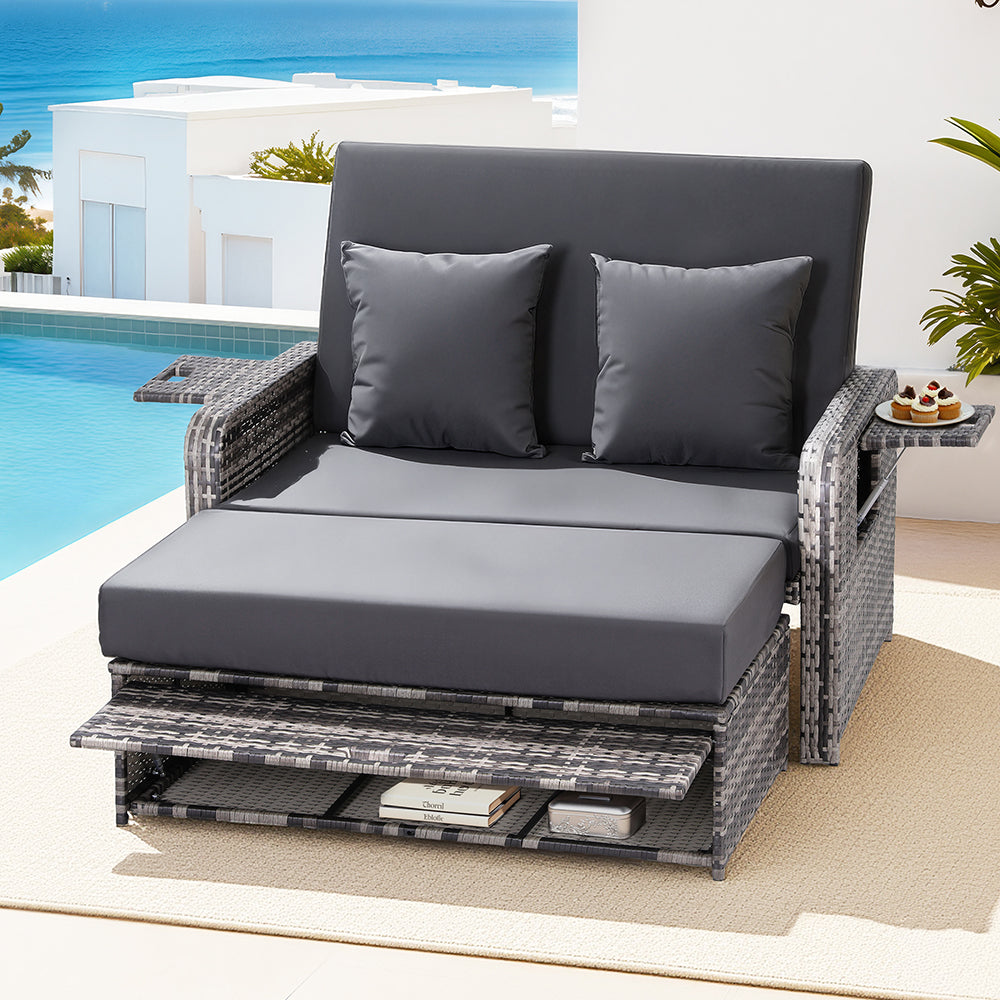 Gardeon Outdoor Day Bed Sun Lounge Setting Wicker Lounger Patio Furniture Grey