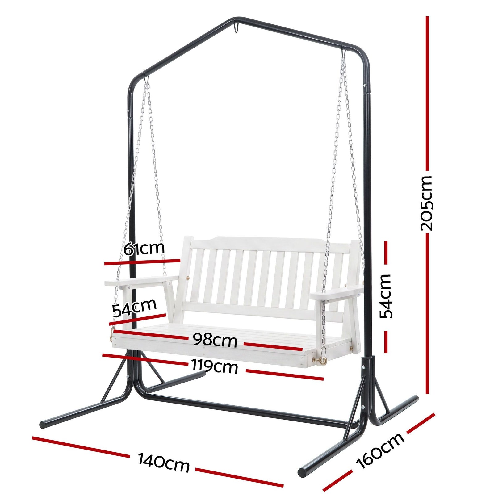 Gardeon Wooden 2-Seater Outdoor Swing Chair with Black Stand White Hanging Chair