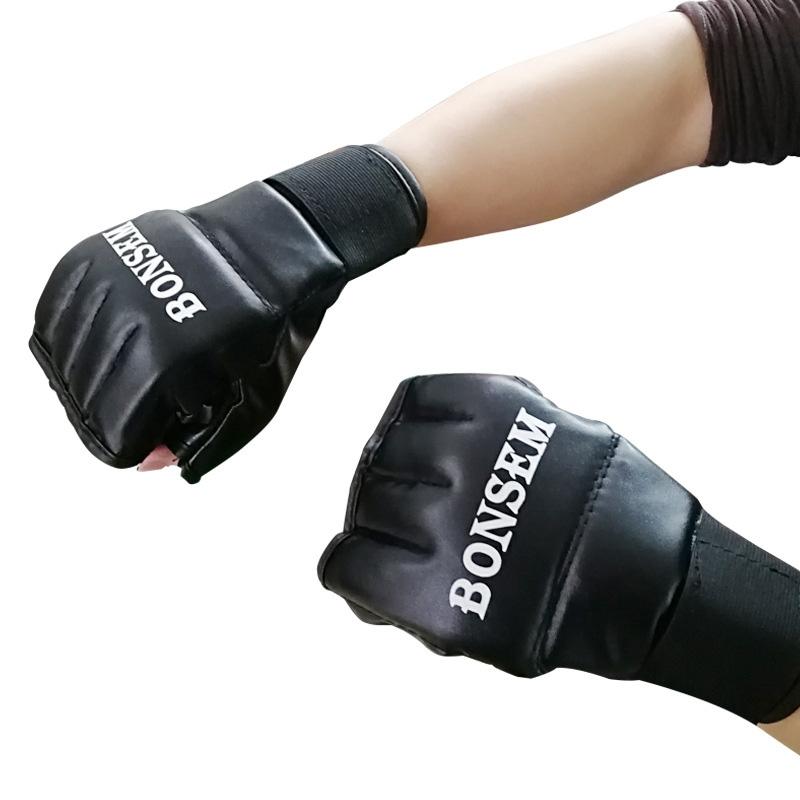 Adults Half-Finger Leather Boxing Gloves - Black-1915196768593776644