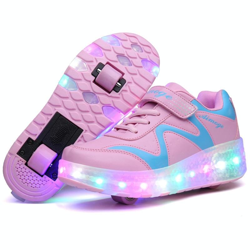 Rechargeable Led Roller Skates - Double Wheel Ultra Light Pink Size 40-1915196539874185217
