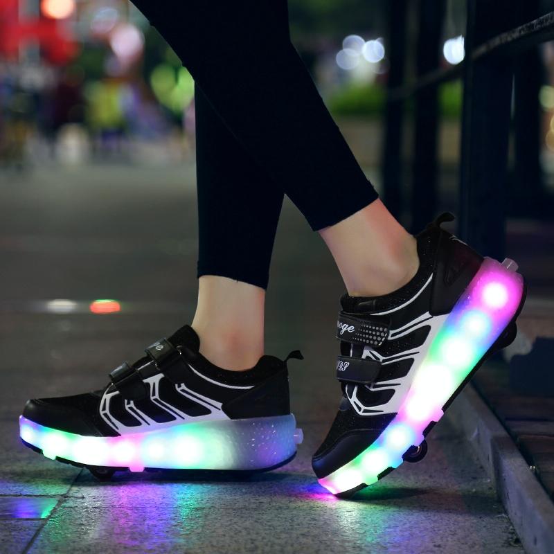 Rechargeable Double Wheel Roller Skating Shoes - Ultra Light Mesh Led Black - Size 42-1915196758577778696