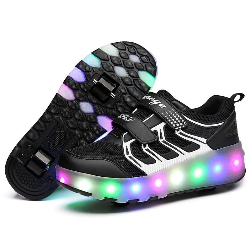 Rechargeable Double Wheel Roller Skating Shoes - Ultra Light Mesh - Black - Size 43-1915196773291397129