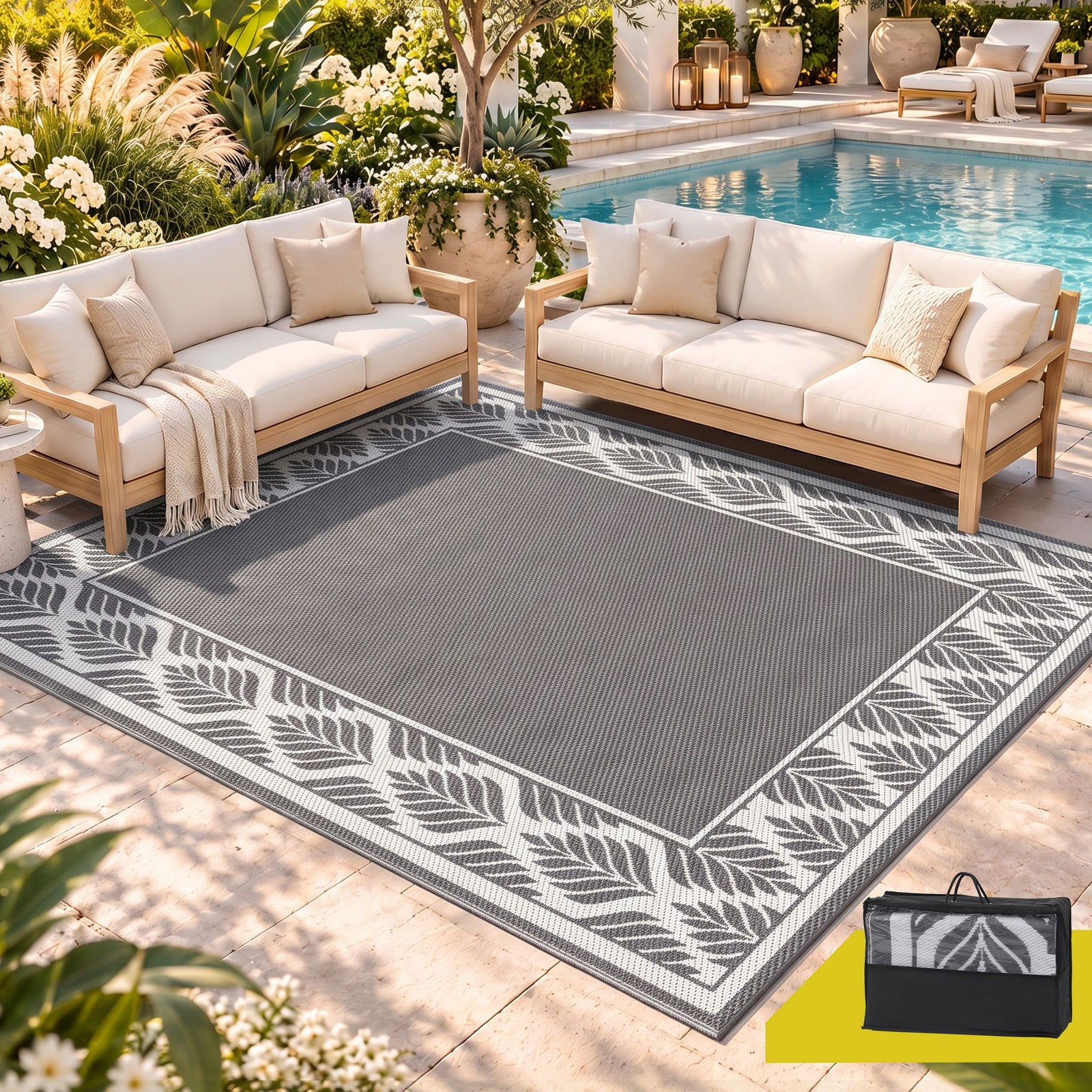 Gardeon Outdoor Rugs 274x366cm Large Carpet Reversible PP Dual-Sided Area Mat Patio Rug Grey