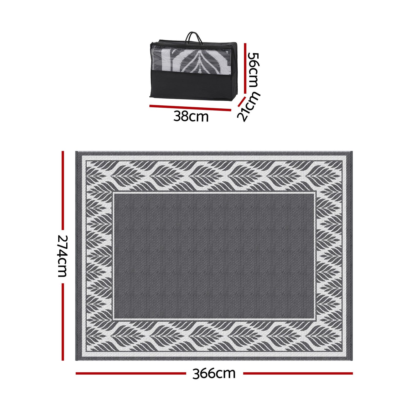 Gardeon Outdoor Rugs 274x366cm Large Carpet Reversible PP Dual-Sided Area Mat Patio Rug Grey