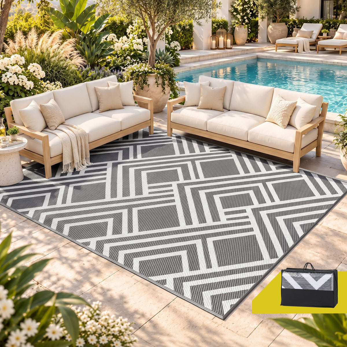 Gardeon Outdoor Rugs 274x366cm Reversible PP Dual-Sided Area Mat Large Carpet Patio Rug Grey
