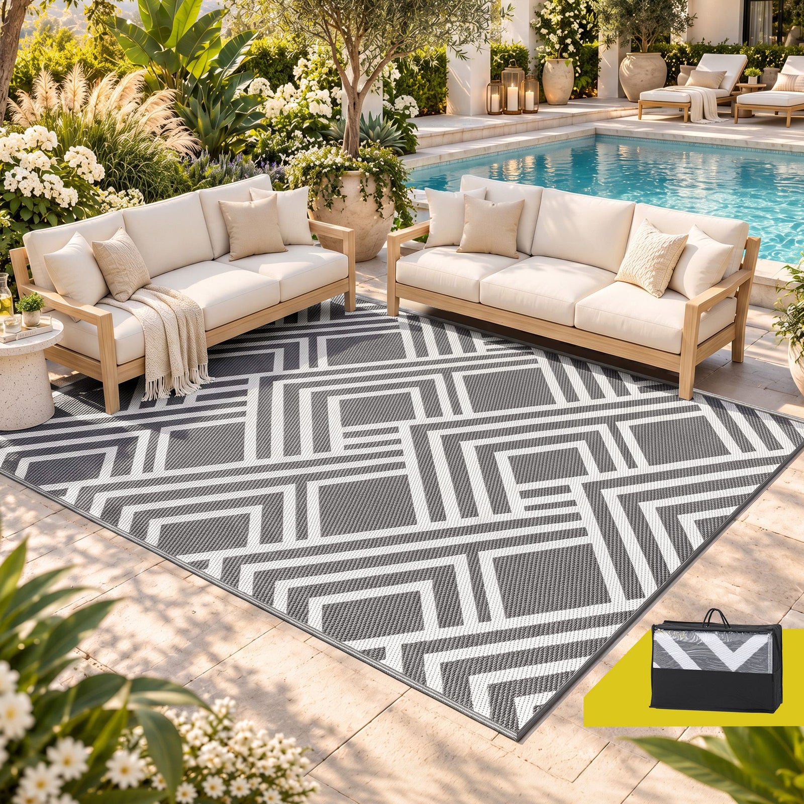 Gardeon Outdoor Rugs 274x366cm Reversible PP Dual-Sided Area Mat Large Carpet Patio Rug Grey